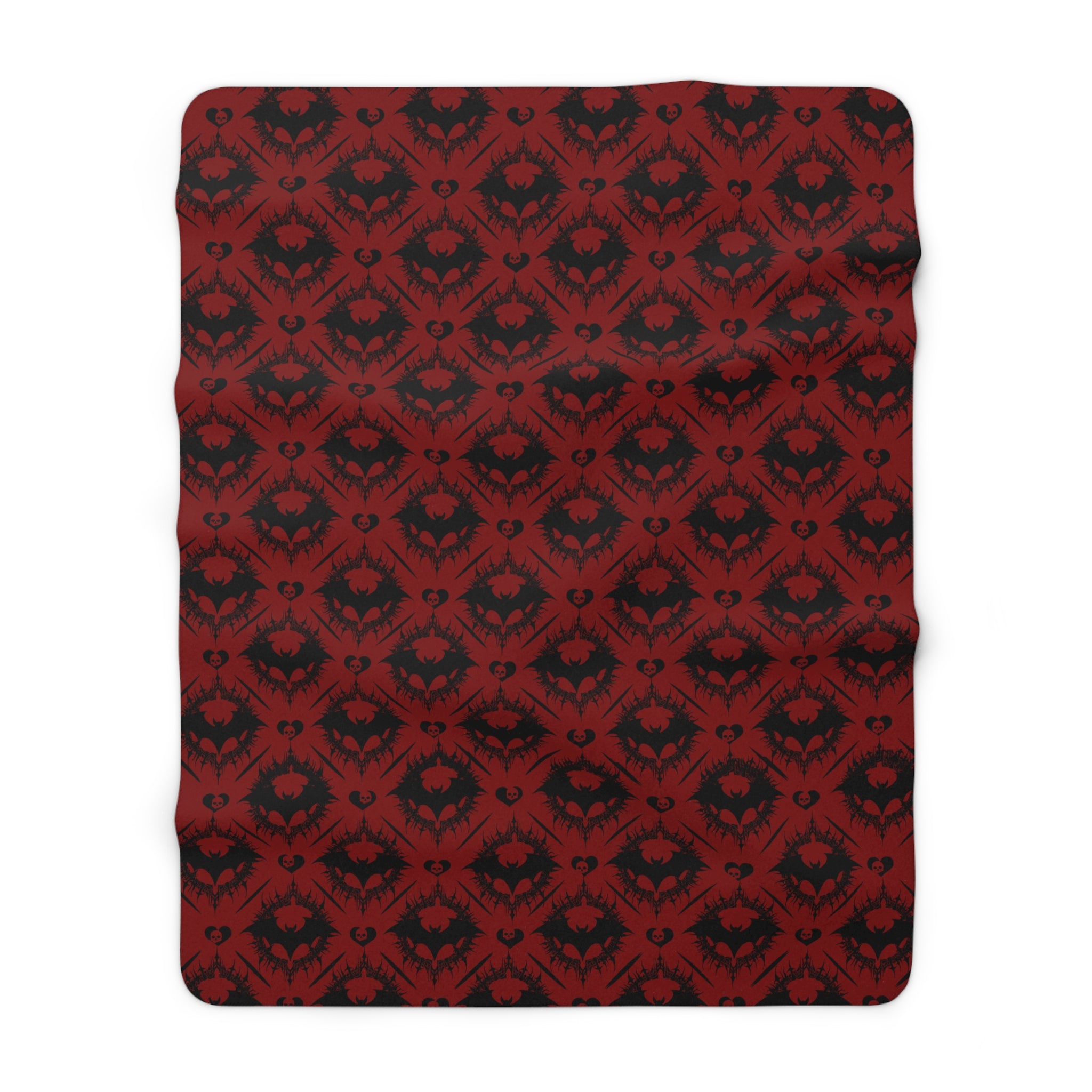Gothic Bat & Skull Heart Throw Blanket — Crimson Red Colorway