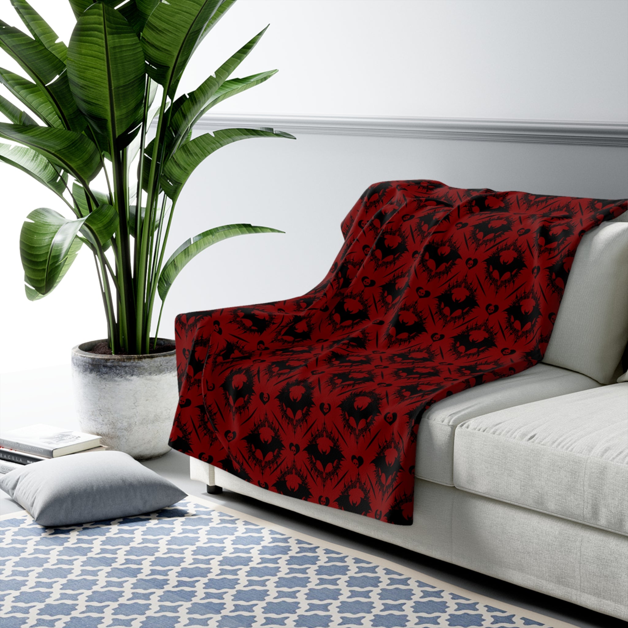 Gothic Bat & Skull Heart Throw Blanket — Crimson Red Colorway