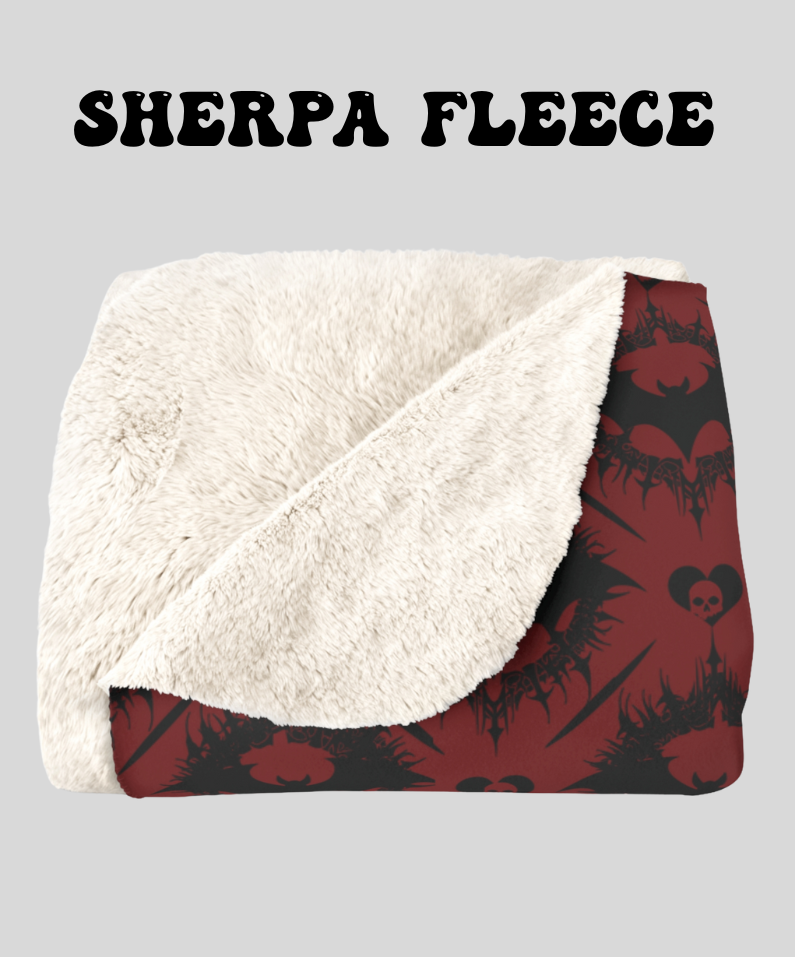Gothic Bat & Skull Heart Throw Blanket — Crimson Red Colorway