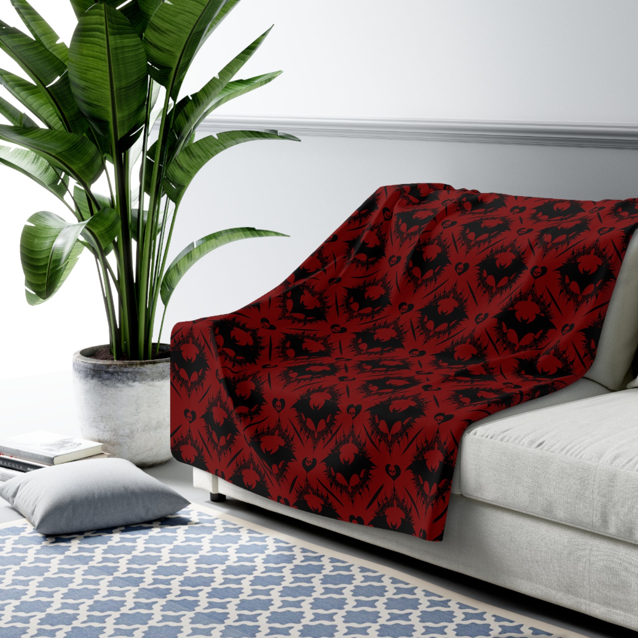 Gothic Bat & Skull Heart Throw Blanket — Crimson Red Colorway