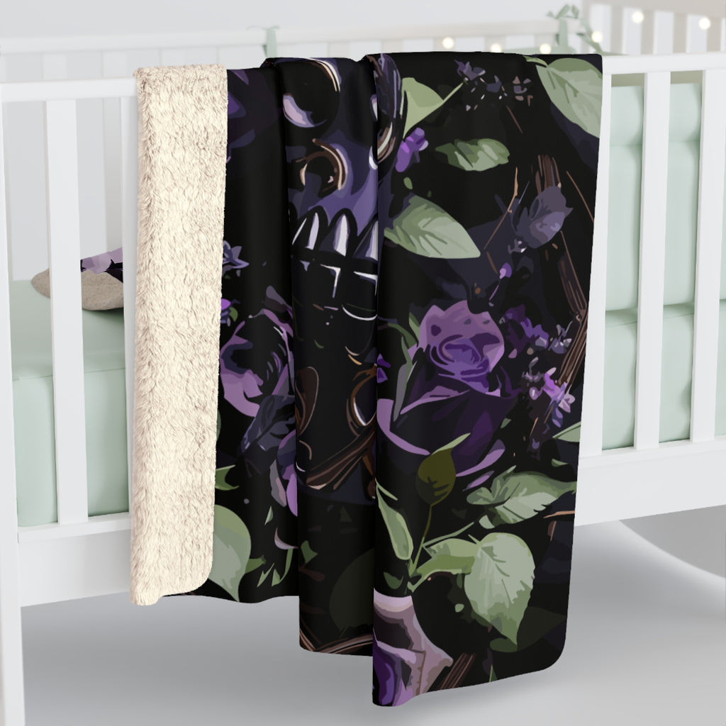 Gothic Black & Purple Botanical Skull Throw Blanket — Dark Floral Home Decor