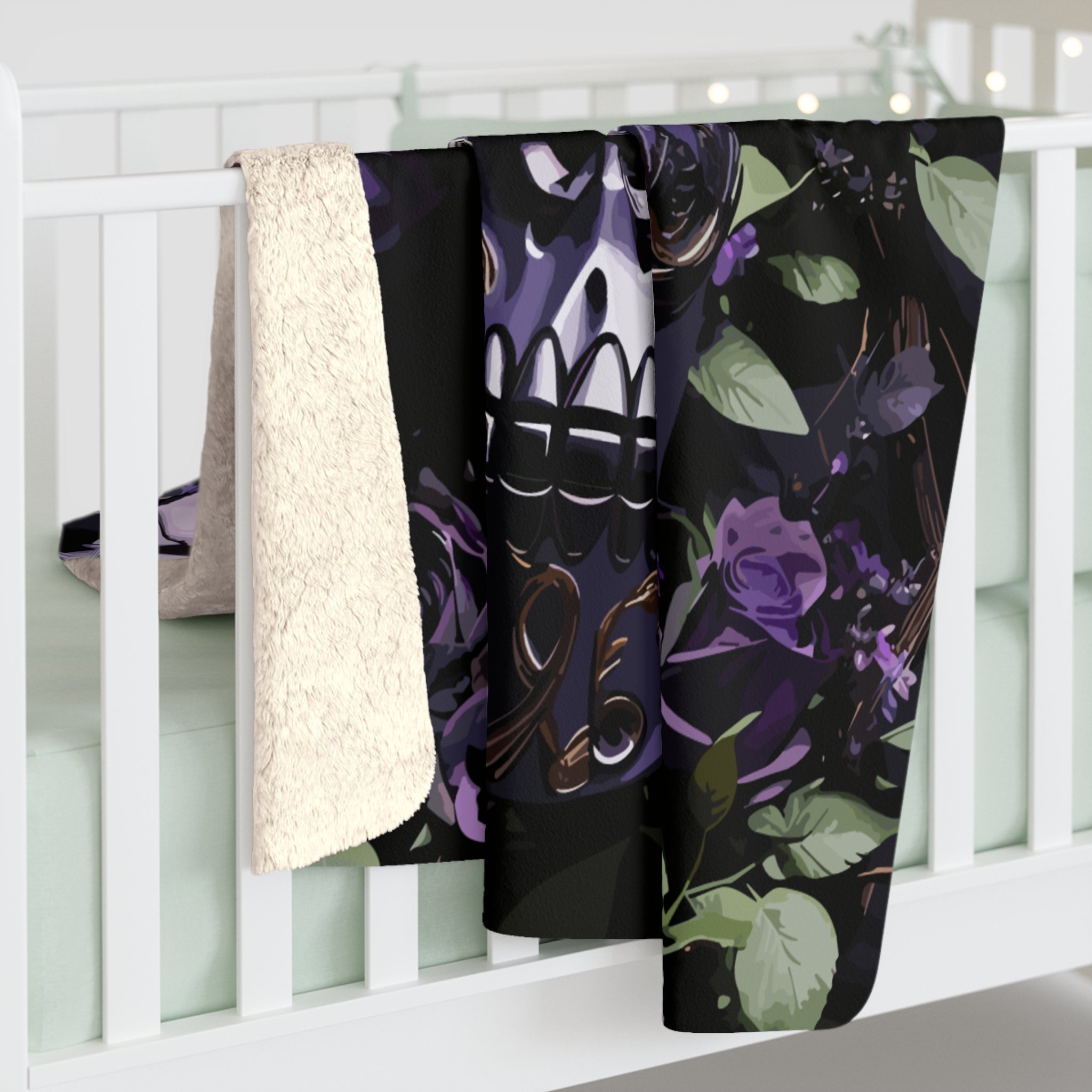 Gothic Black & Purple Botanical Skull Throw Blanket — Dark Floral Home Decor