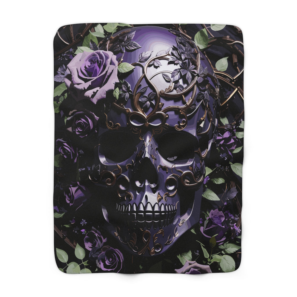 Gothic Black & Purple Botanical Skull Throw Blanket — Dark Floral Home Decor