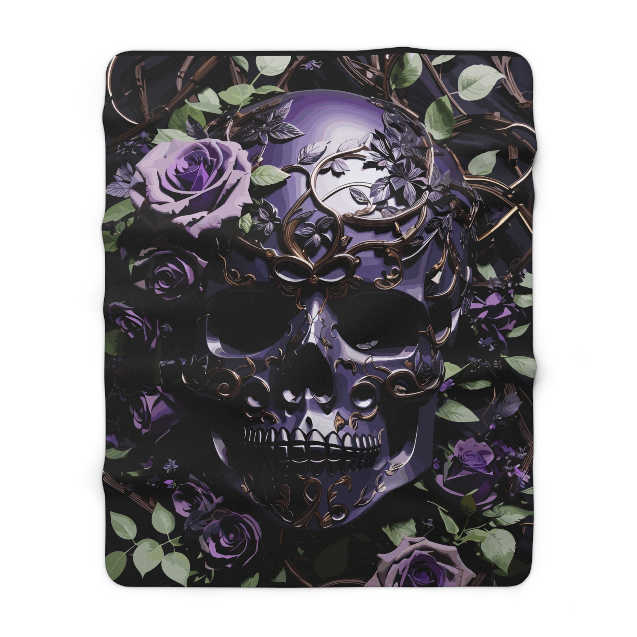 Gothic Black & Purple Botanical Skull Throw Blanket — Dark Floral Home Decor