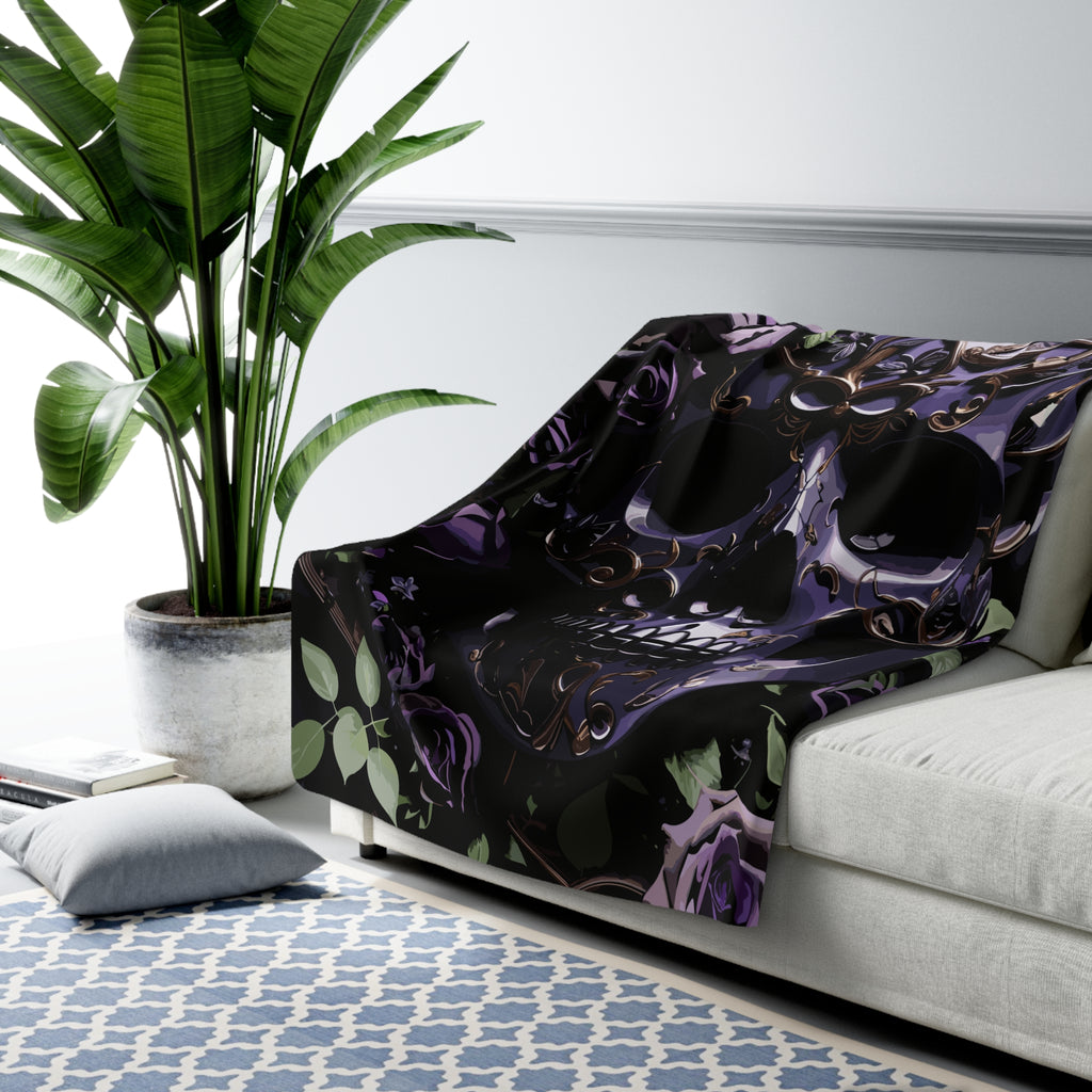Gothic Black & Purple Botanical Skull Throw Blanket — Dark Floral Home Decor