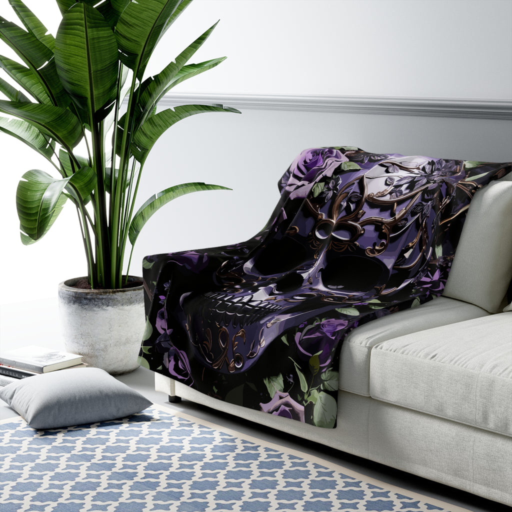 Gothic Black & Purple Botanical Skull Throw Blanket — Dark Floral Home Decor