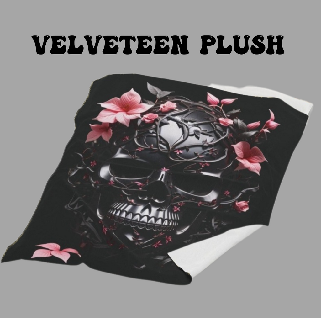Pastel Goth Black & Pink Botanical Skull Throw Blanket — Dark Floral Home Decor