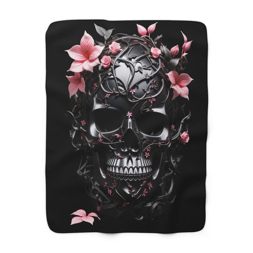 Pastel Goth Black & Pink Botanical Skull Throw Blanket — Dark Floral Home Decor