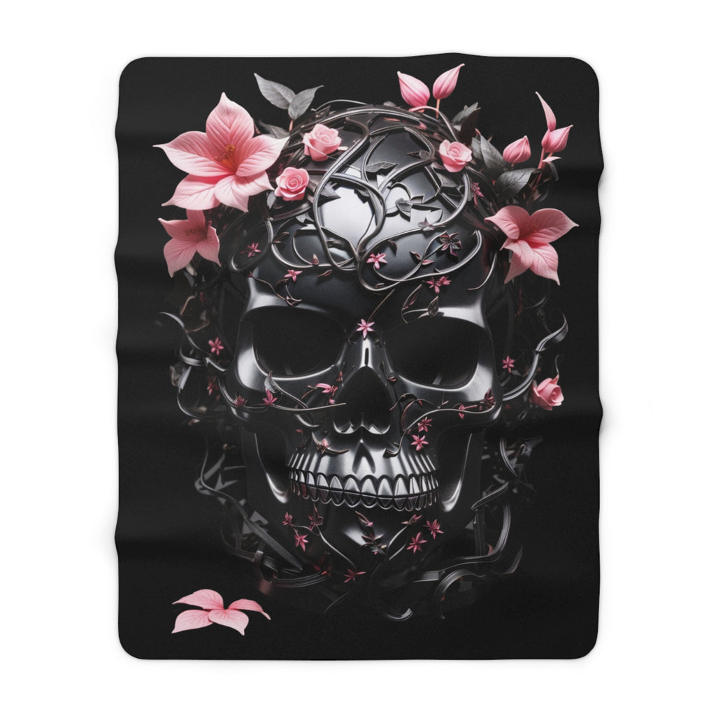 Pastel Goth Black & Pink Botanical Skull Throw Blanket — Dark Floral Home Decor