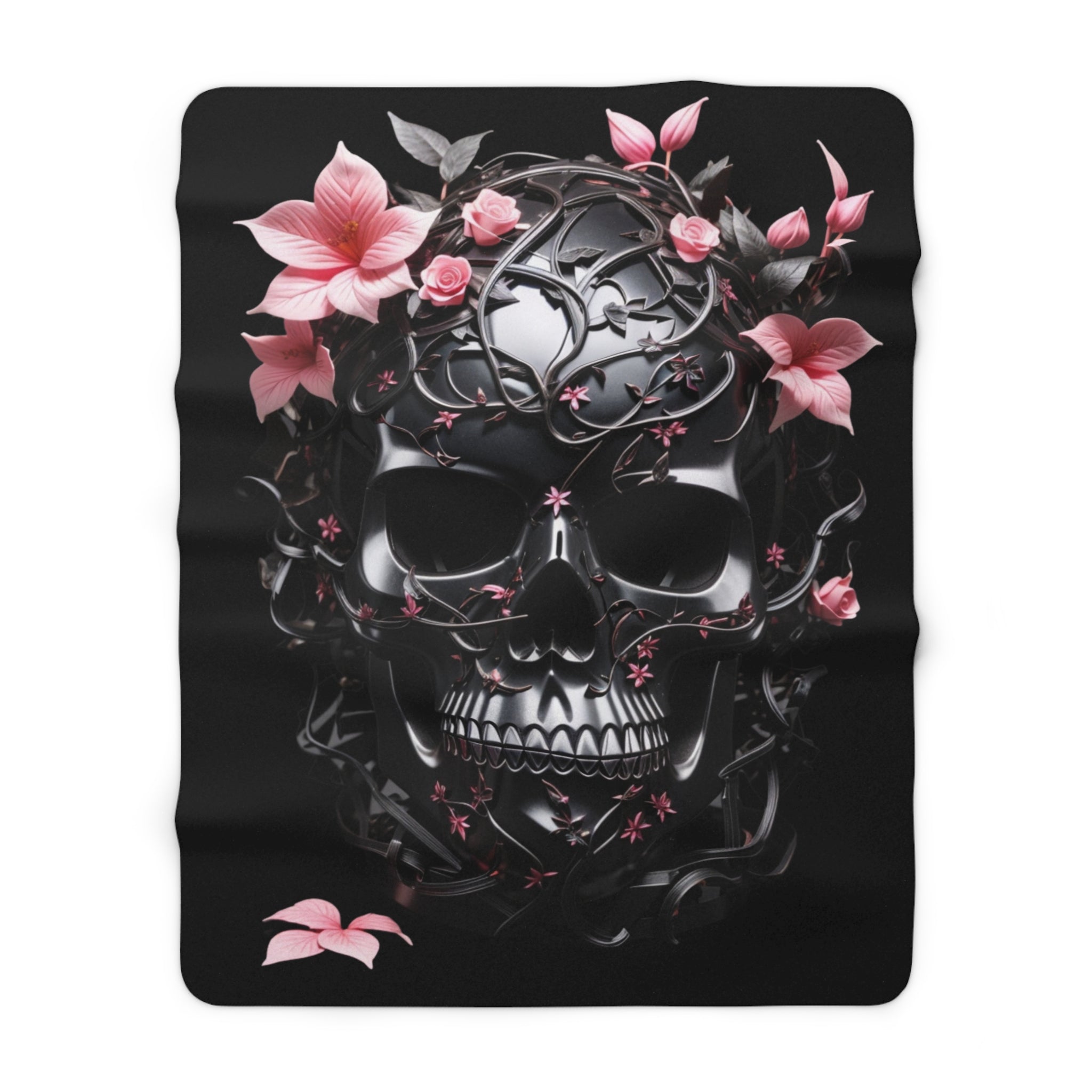 Pastel Goth Black & Pink Botanical Skull Throw Blanket — Dark Floral Home Decor