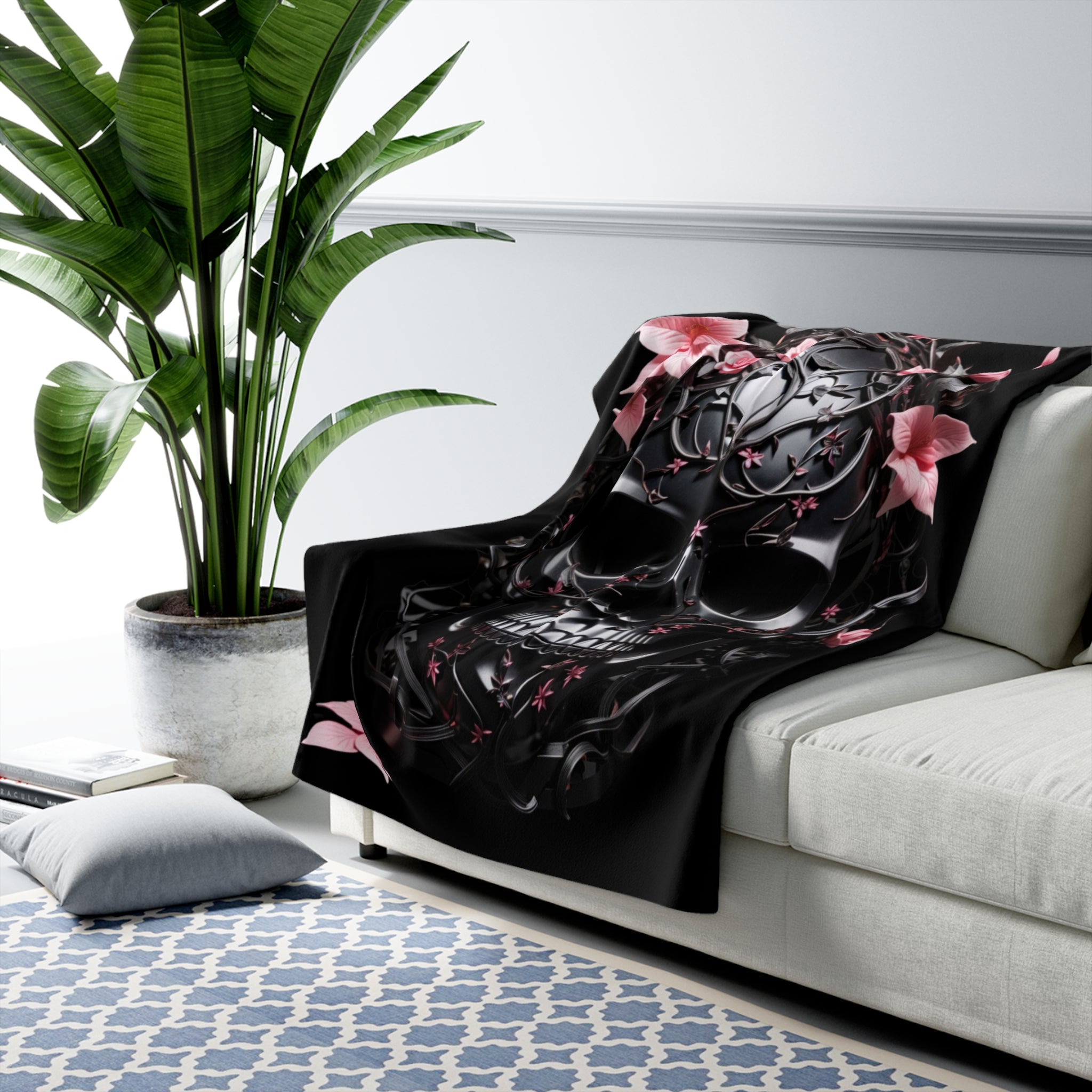 Pastel Goth Black & Pink Botanical Skull Throw Blanket — Dark Floral Home Decor