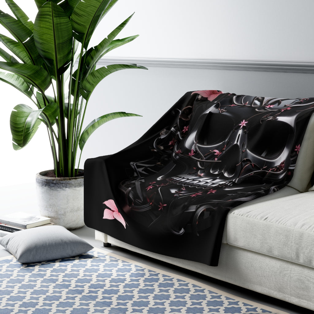 Pastel Goth Black & Pink Botanical Skull Throw Blanket — Dark Floral Home Decor