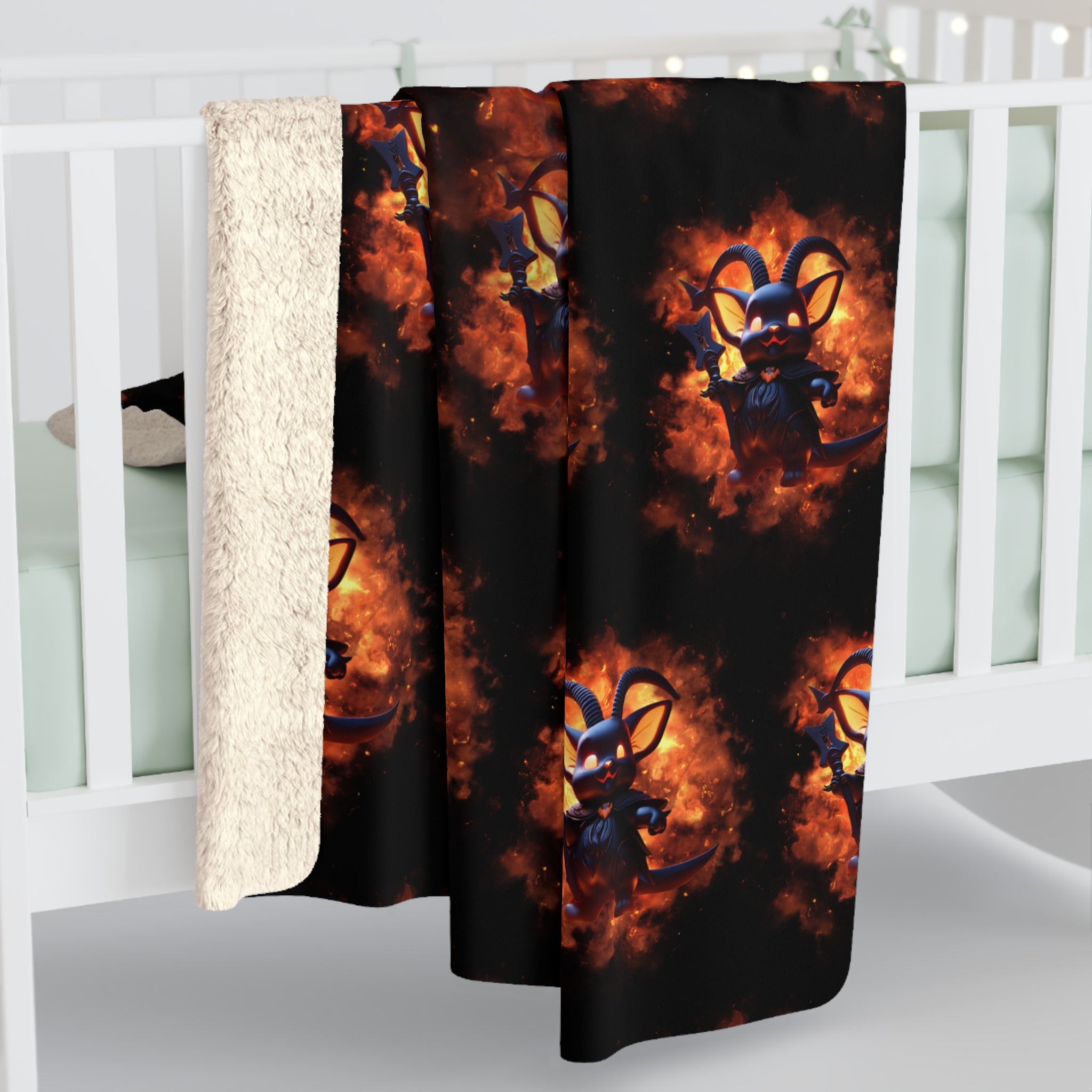 Black throw blanket with repeating chibi Baphomet character with ram horns and scythe surrounded by amber flames displayed against a white crib background