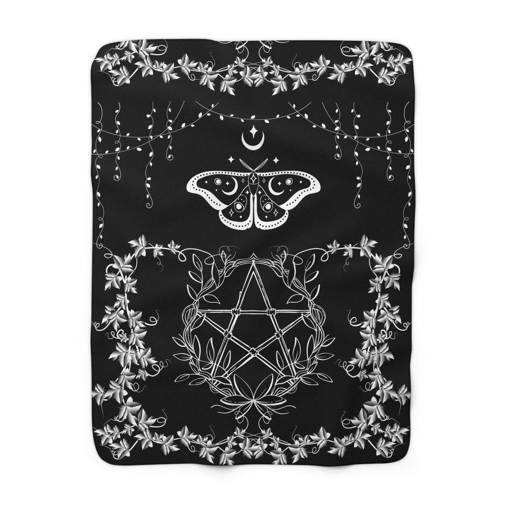 Witchy Luna Moth Pentagram Throw Blanket — Gothic Botanical Home Decor