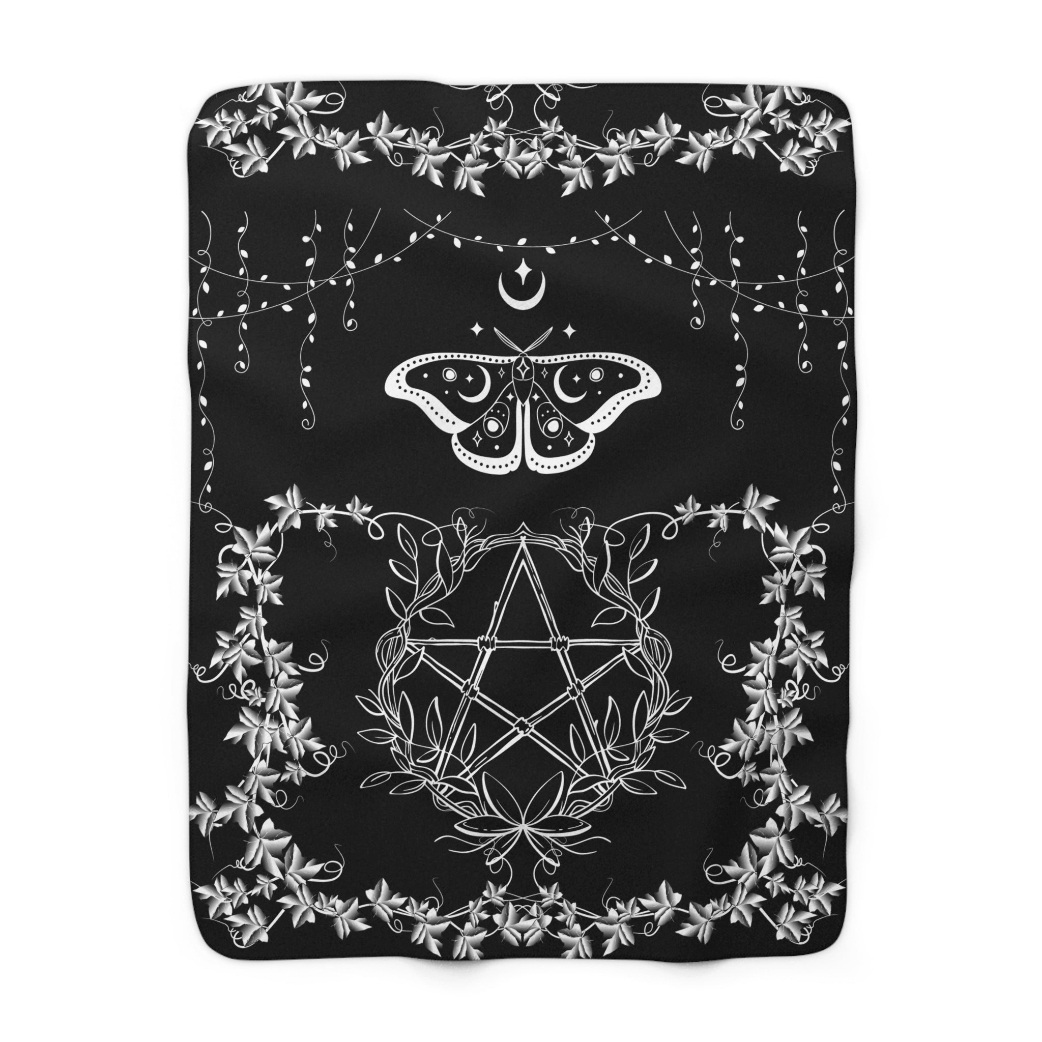 Witchy Luna Moth Pentagram Throw Blanket — Gothic Botanical Home Decor