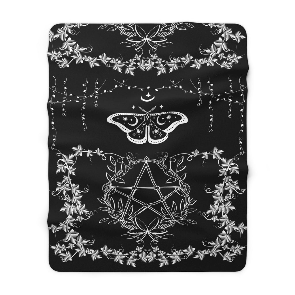 Witchy Luna Moth Pentagram Throw Blanket — Gothic Botanical Home Decor