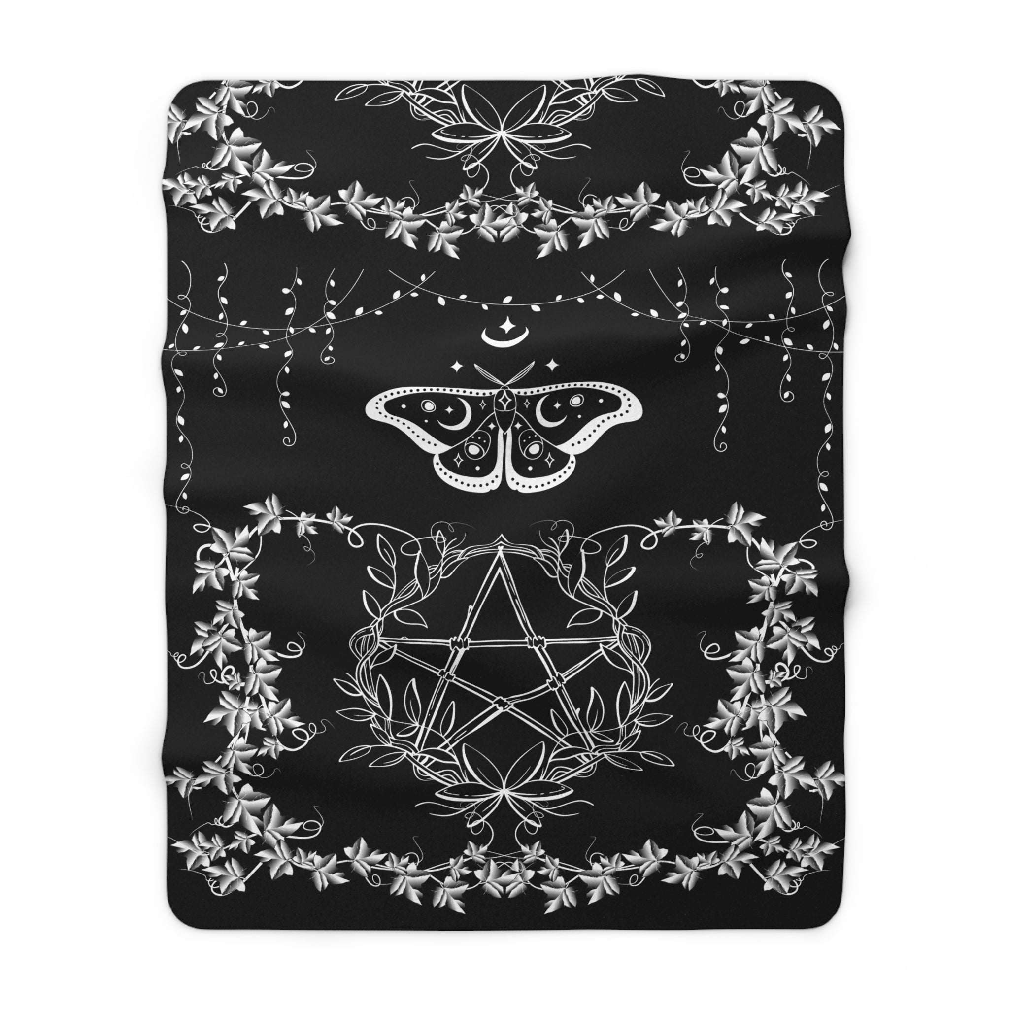 Witchy Luna Moth Pentagram Throw Blanket — Gothic Botanical Home Decor