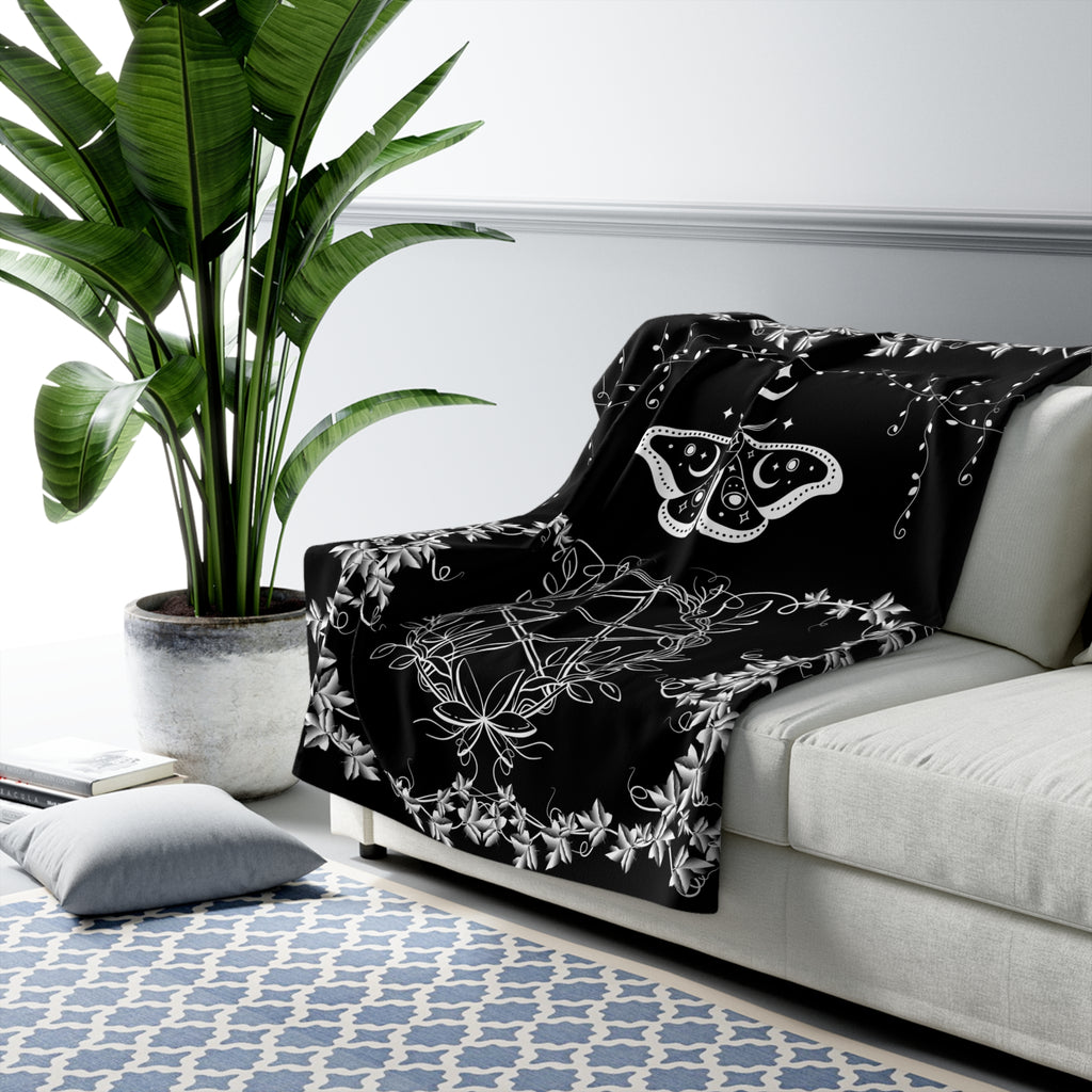 Witchy Luna Moth Pentagram Throw Blanket — Gothic Botanical Home Decor