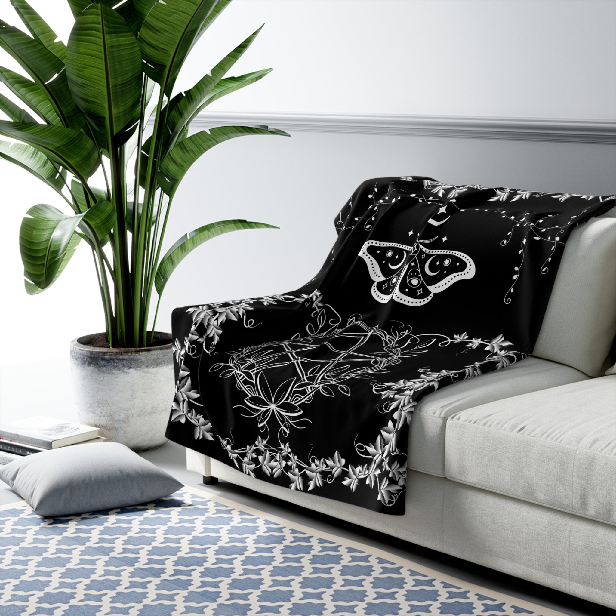Witchy Luna Moth Pentagram Throw Blanket — Gothic Botanical Home Decor