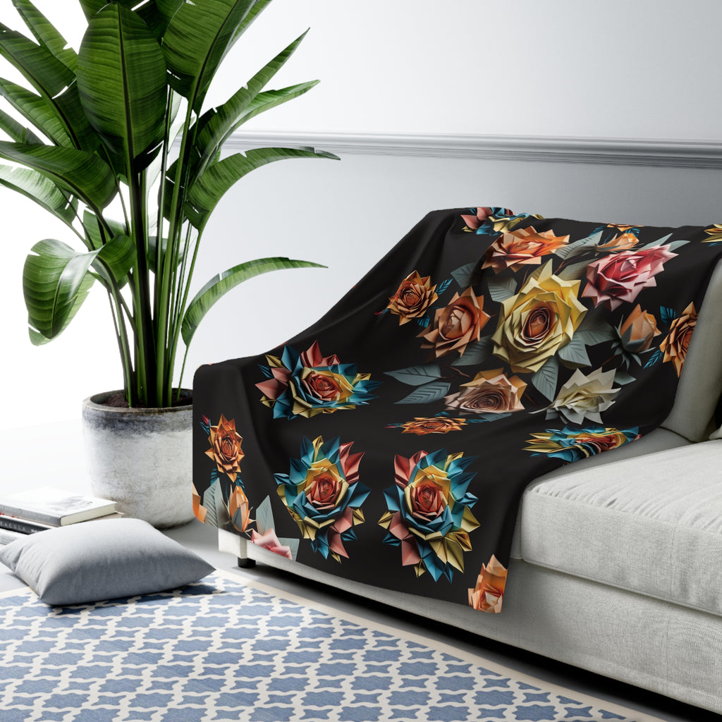 Gothic Origami Rose Throw Blanket — Dark Floral Home Decor