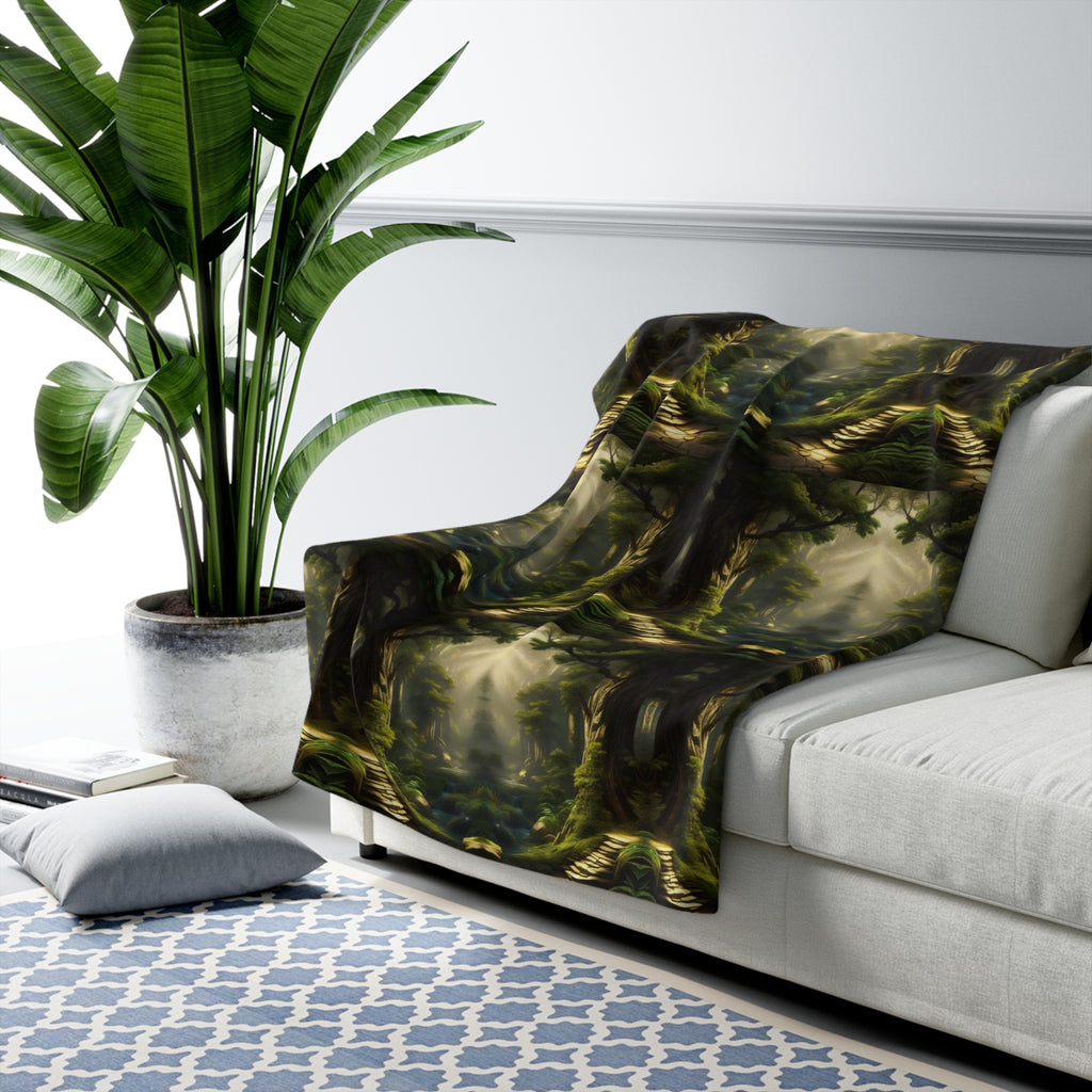 Dark green and gold throw blanket with ancient mossy forest scene featuring twisted roots, winding stone paths, and golden light filtering through tall canopy draped over a sofa