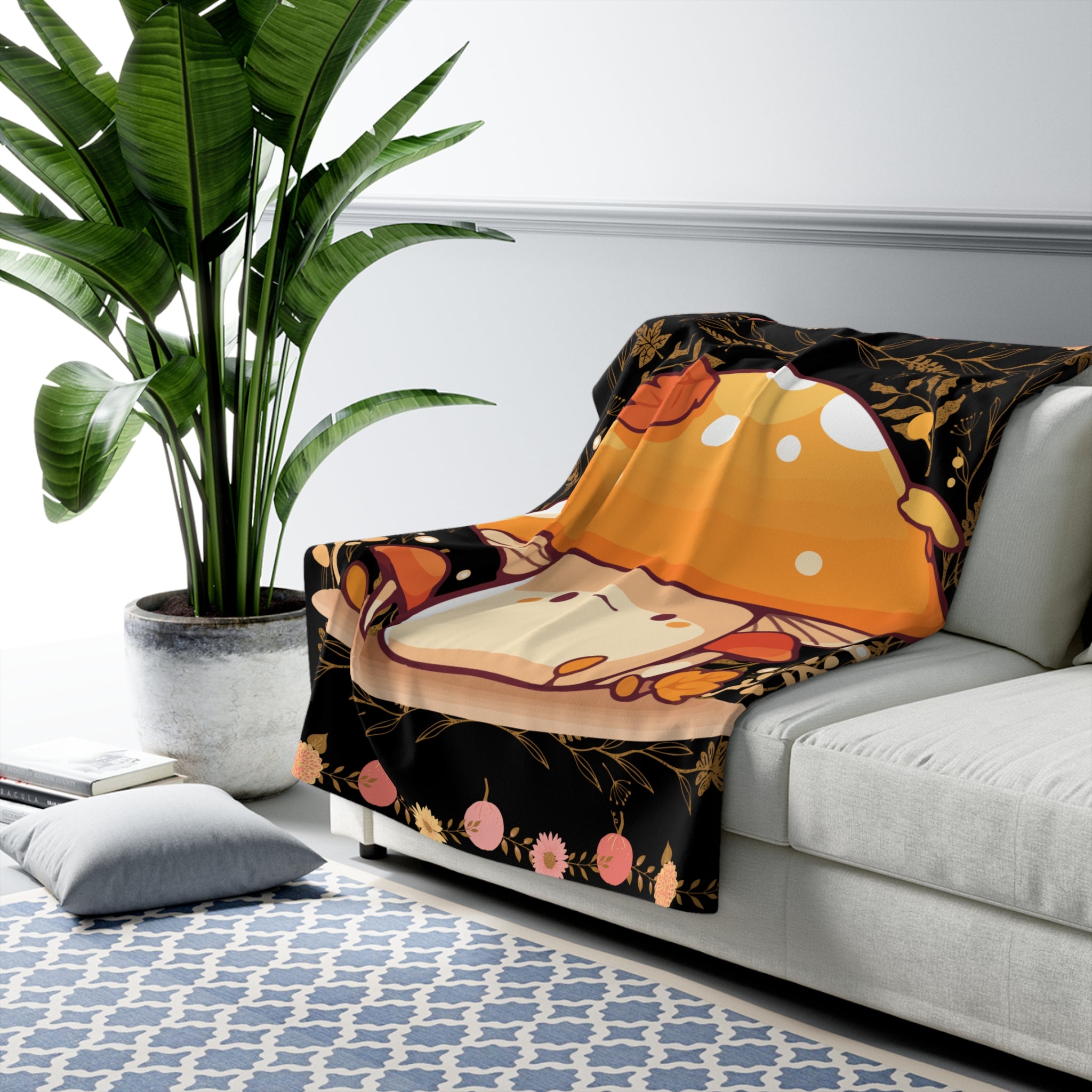 Dark Cottagecore Kawaii Mushroom Throw Blanket — Cozy Autumn Home Decor