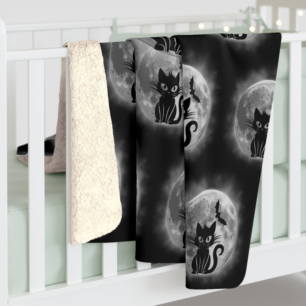 Gothic Black Cat Throw Blanket — Full Moon Bat Dark Home Decor
