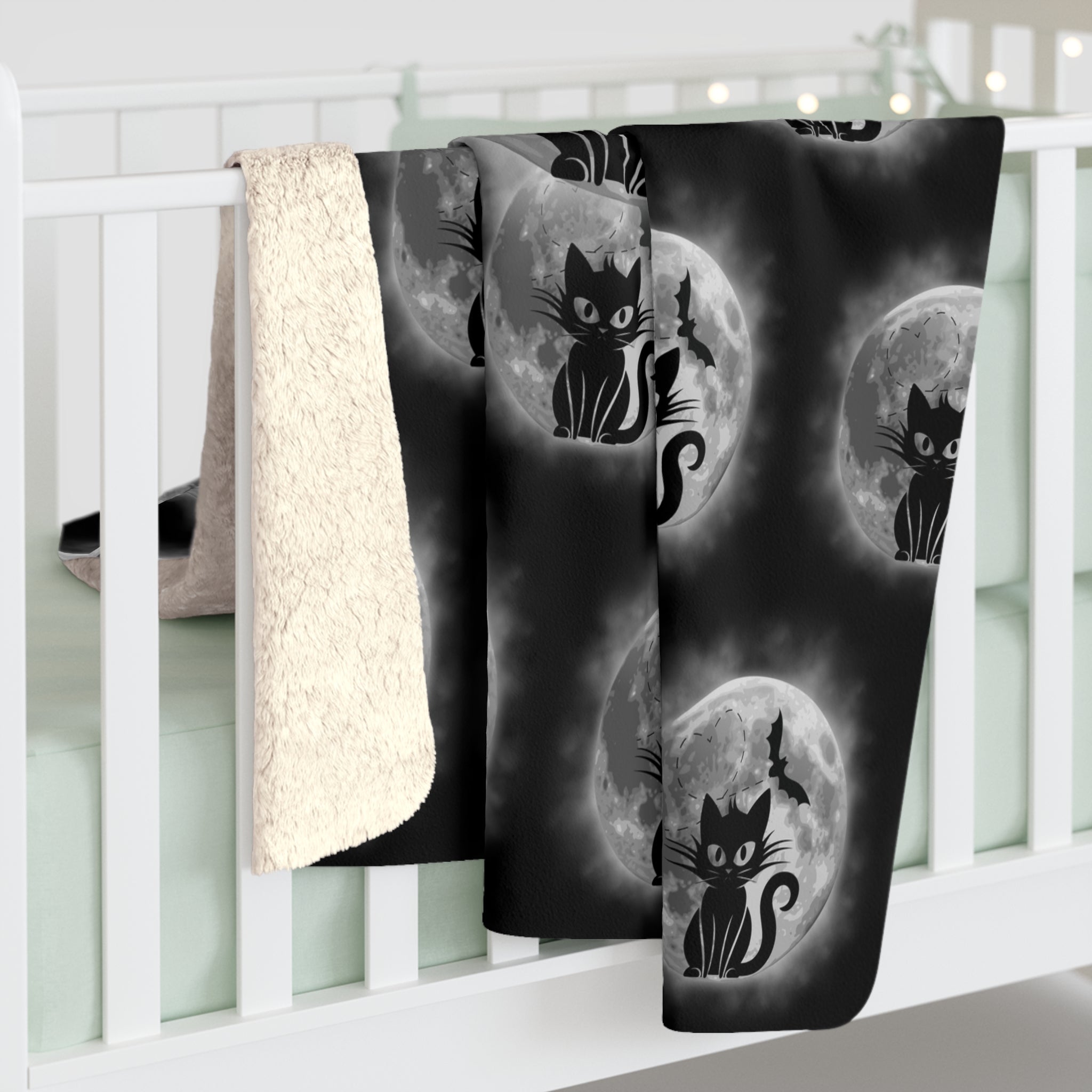 Gothic Black Cat Throw Blanket — Full Moon Bat Dark Home Decor