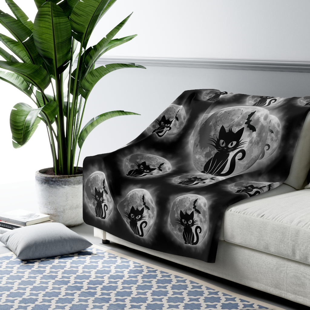 Gothic Black Cat Throw Blanket — Full Moon Bat Dark Home Decor