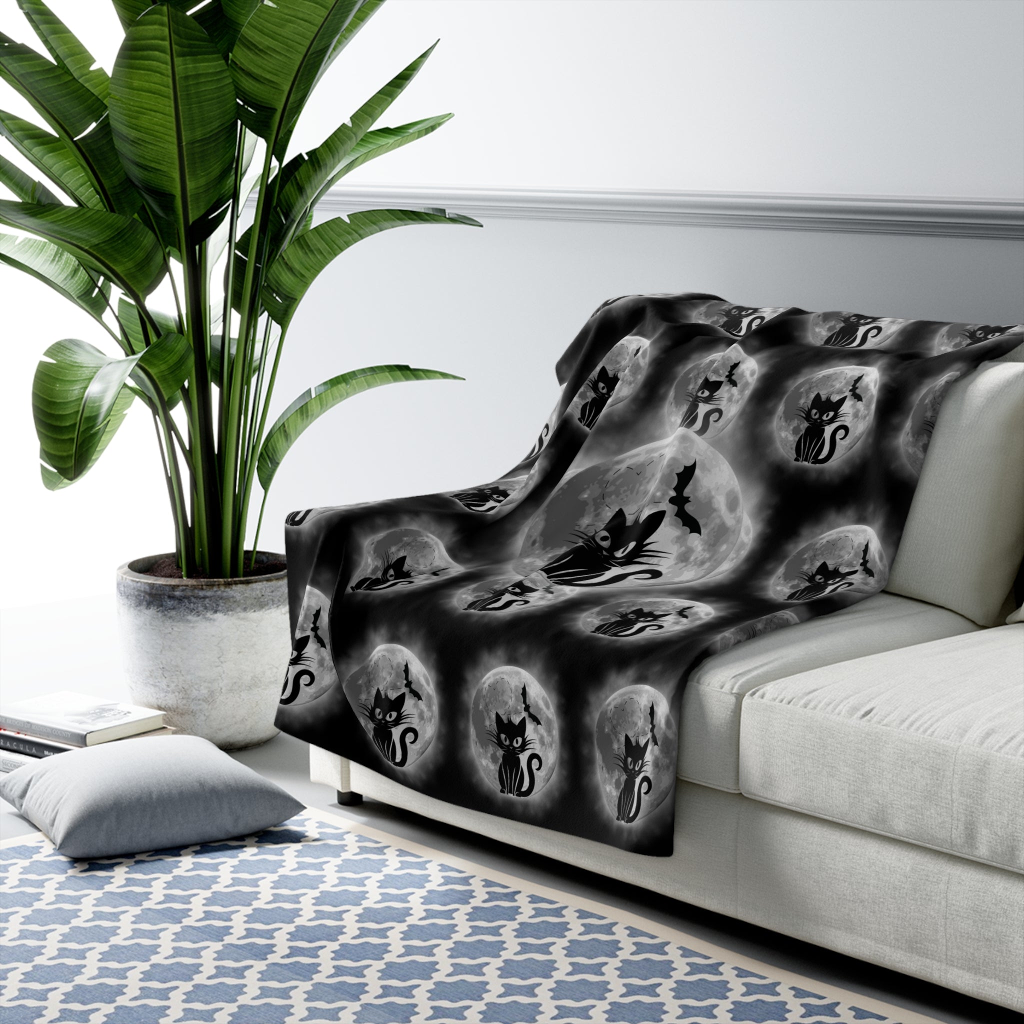 Gothic Black Cat Throw Blanket — Full Moon Bat Dark Home Decor