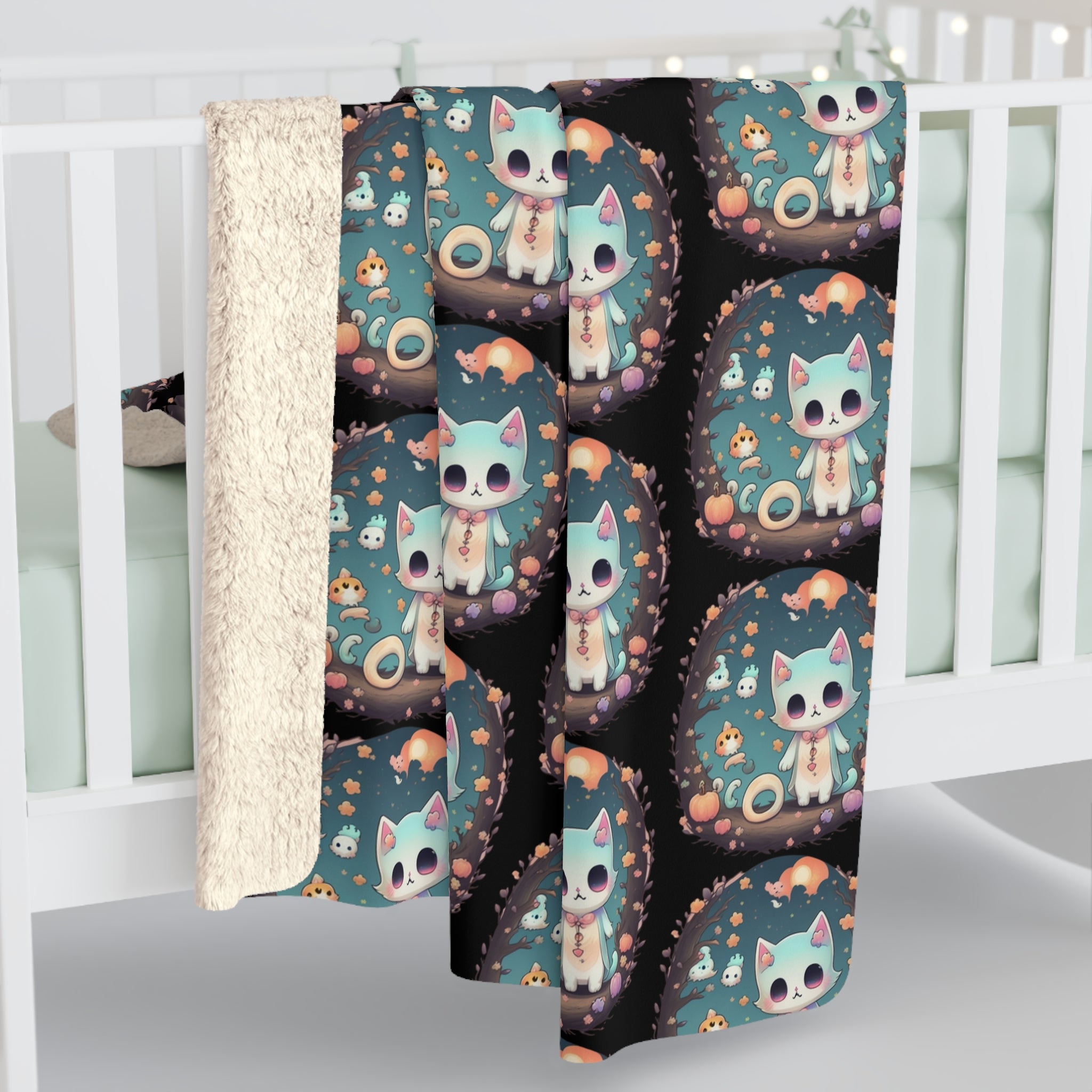 Throw blanket with repeating pattern of a wide-eyed pale blue kawaii cat on a gnarled branch wearing a pink charm necklace, surrounded by tiny ghosts, mini pumpkins, and pastel flowers inside teal circular vignettes on a black background, shown draped over white crib rail with sherpa back visible
