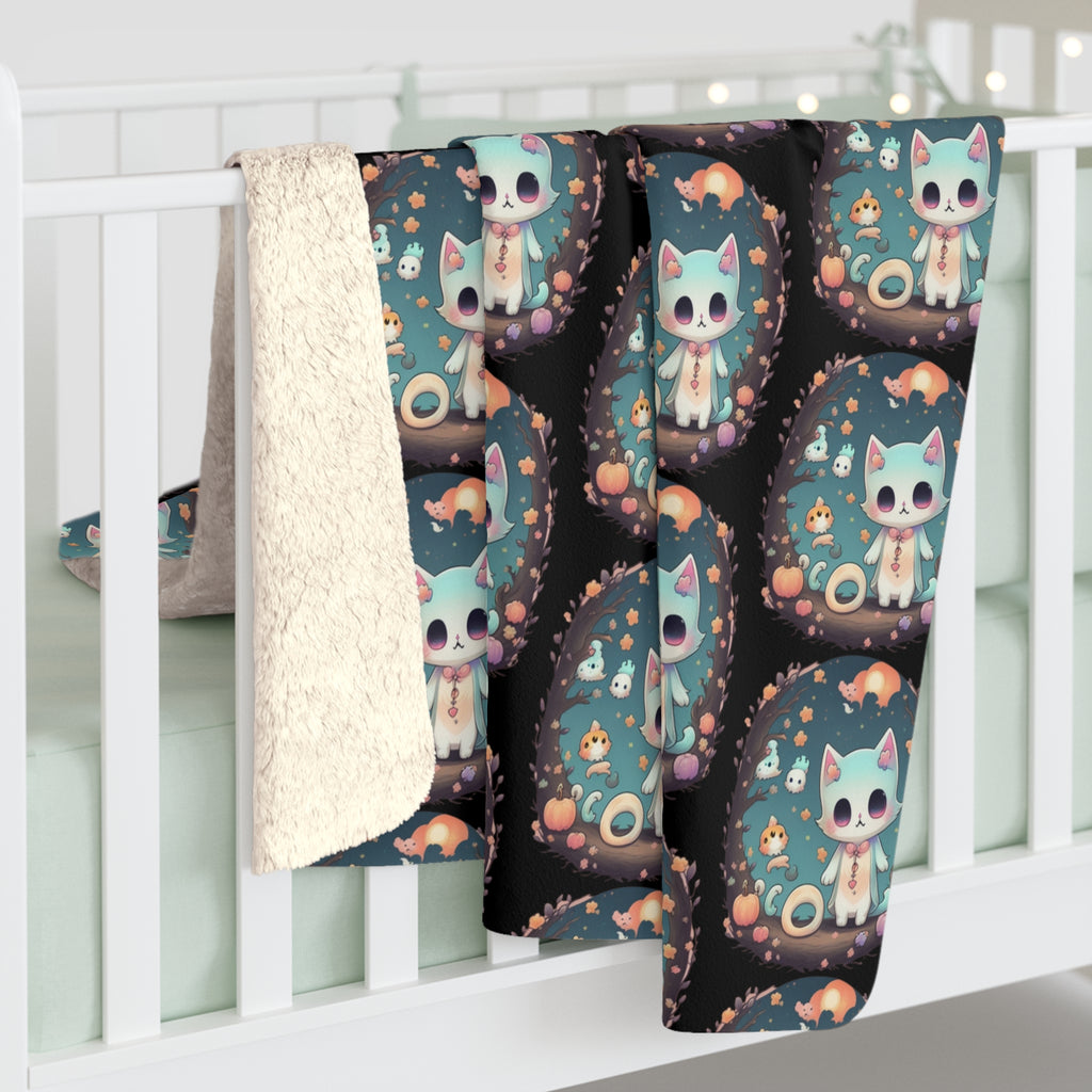Pastel Goth Cat Throw Blanket — Creepy Cute Kawaii Dark Home Decor