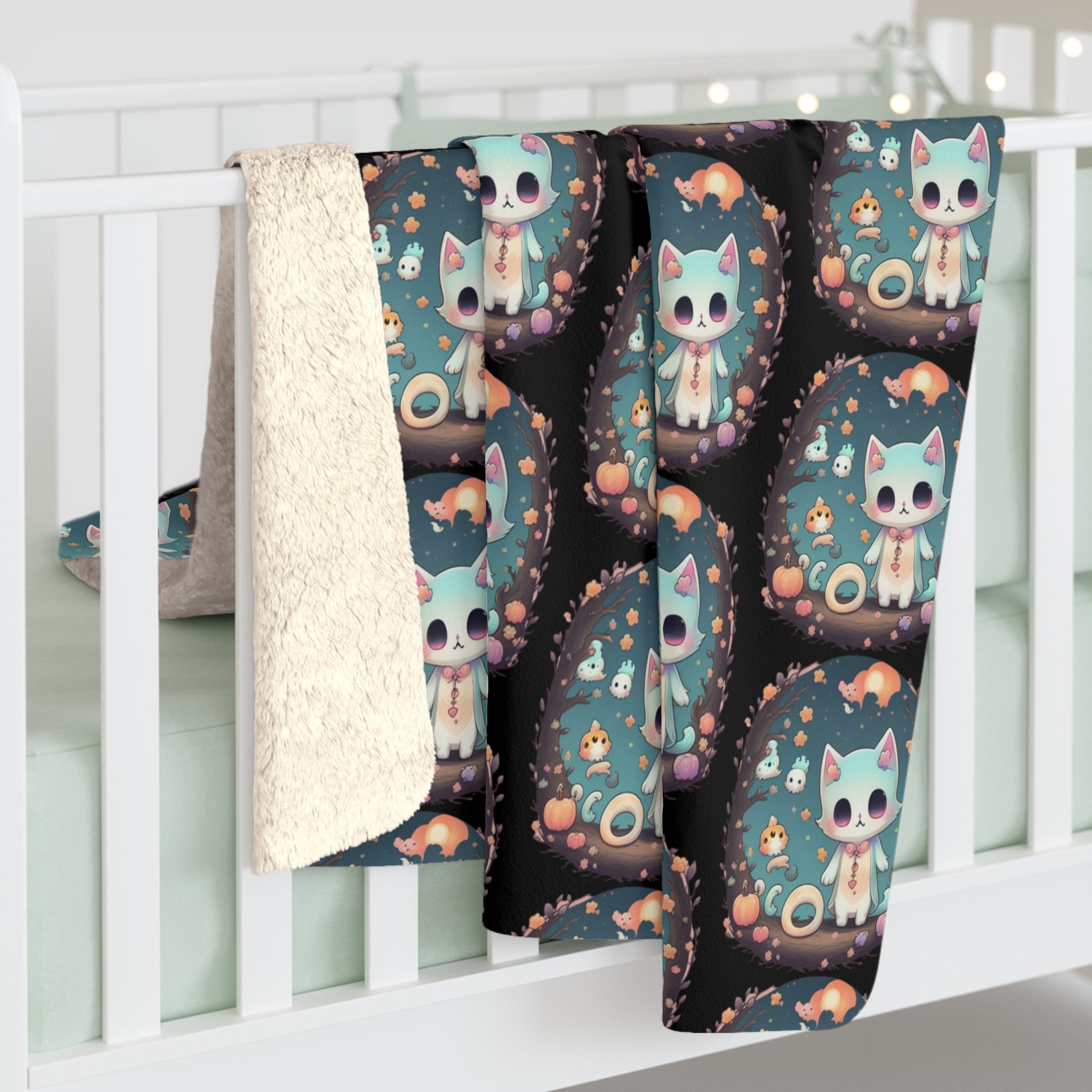 Pastel Goth Cat Throw Blanket — Creepy Cute Kawaii Dark Home Decor