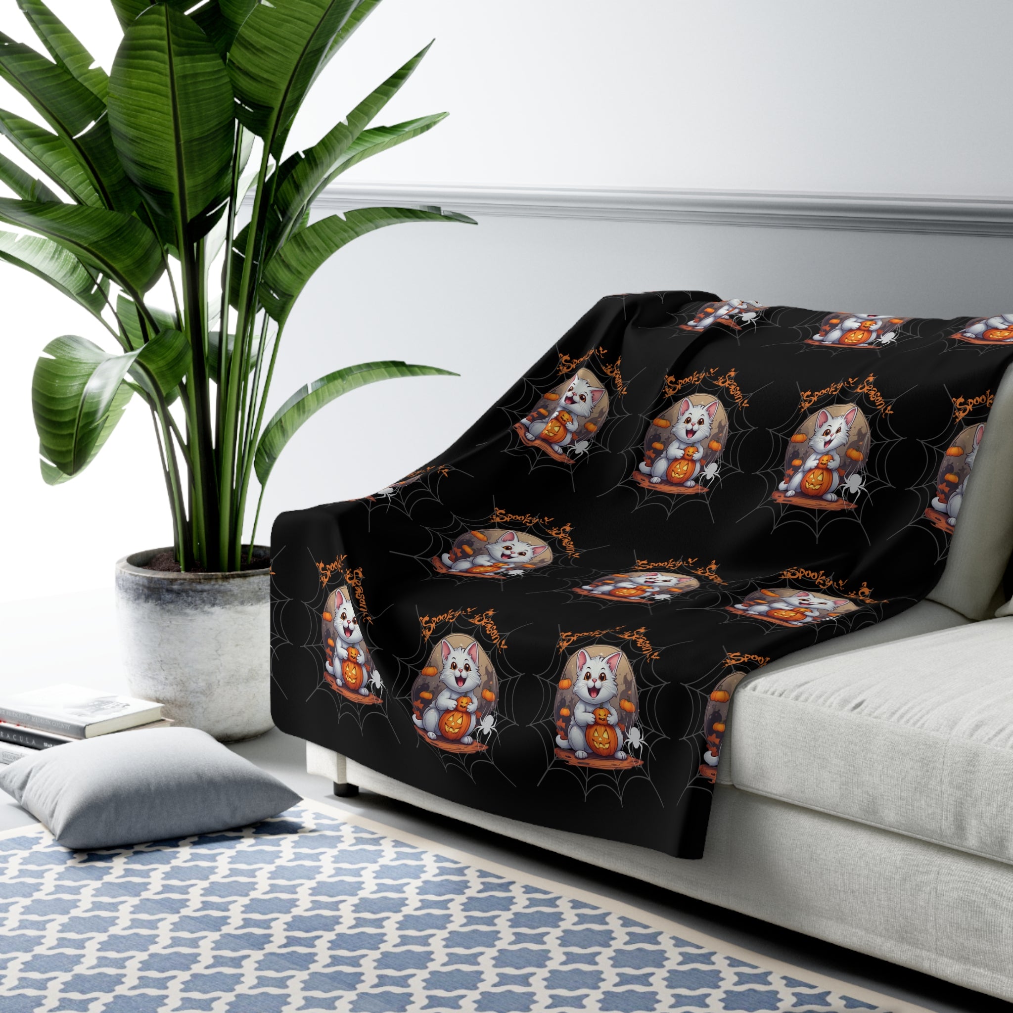Spooky Season Cat Halloween Throw Blanket — Pumpkin Gothic Home Decor