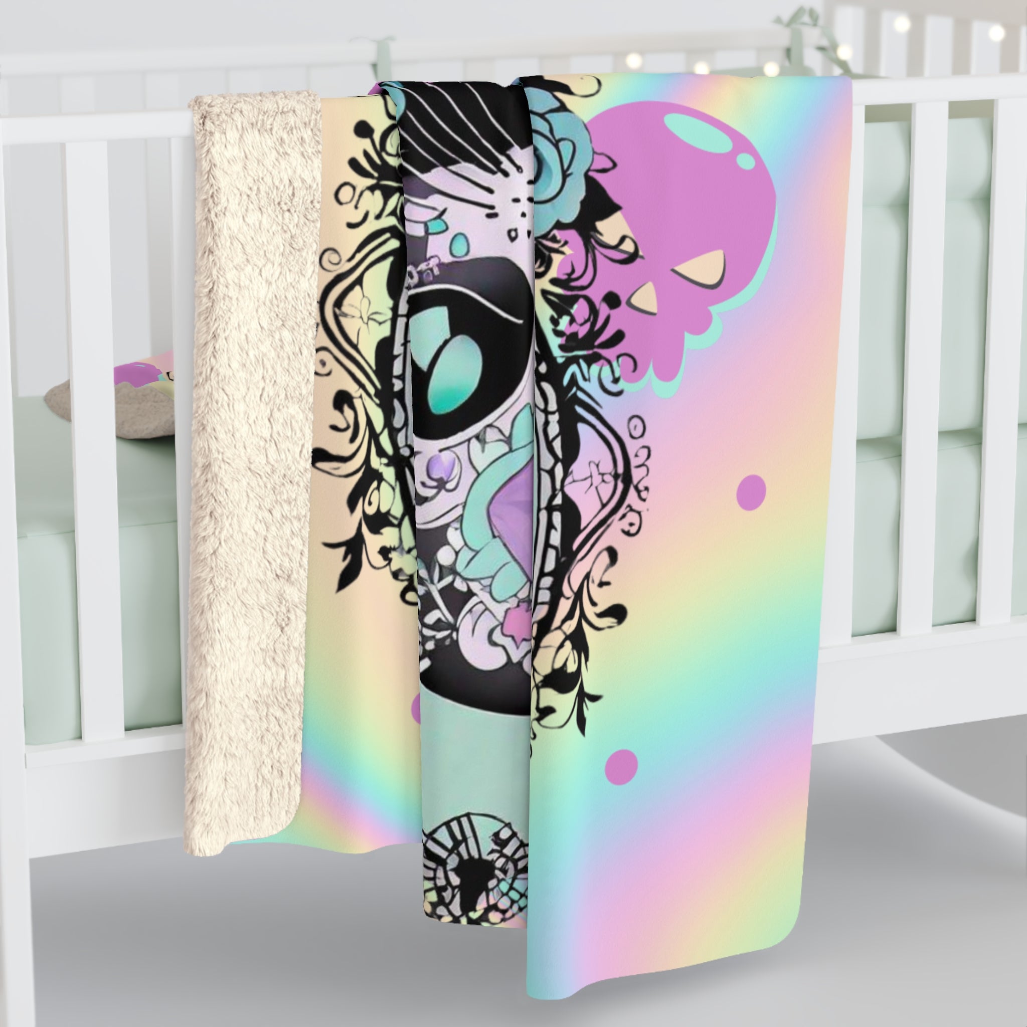 Pastel Goth Sugar Skull Cat Throw Blanket — Floral Gothic Home Decor