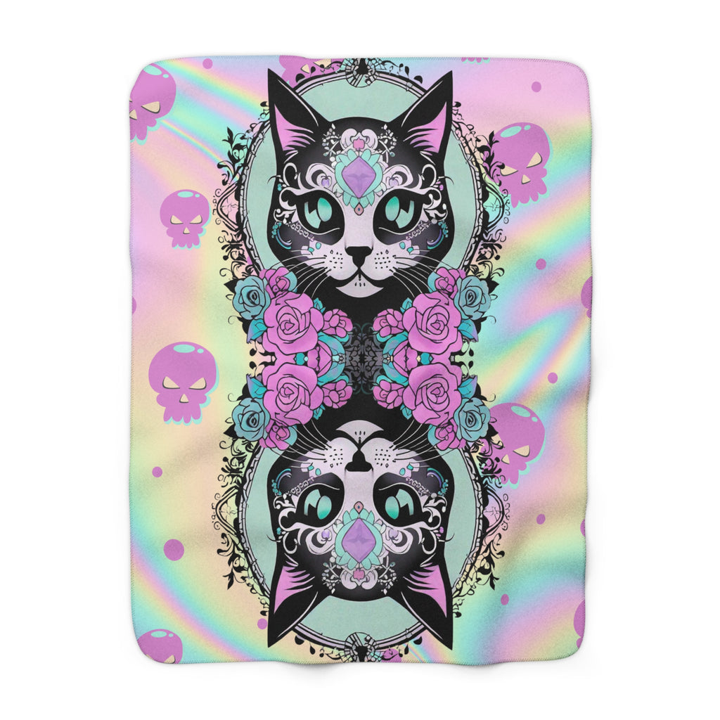 Pastel Goth Sugar Skull Cat Throw Blanket — Floral Gothic Home Decor