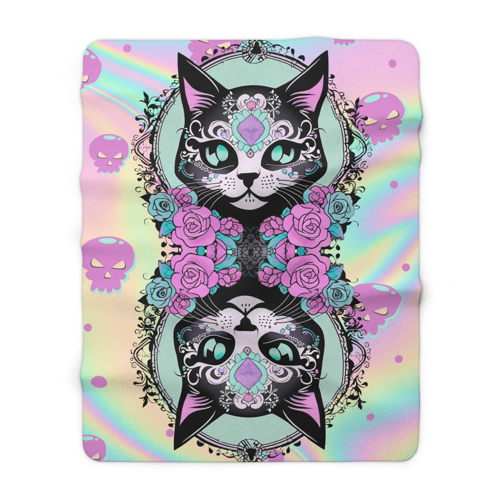 Pastel Goth Sugar Skull Cat Throw Blanket — Floral Gothic Home Decor