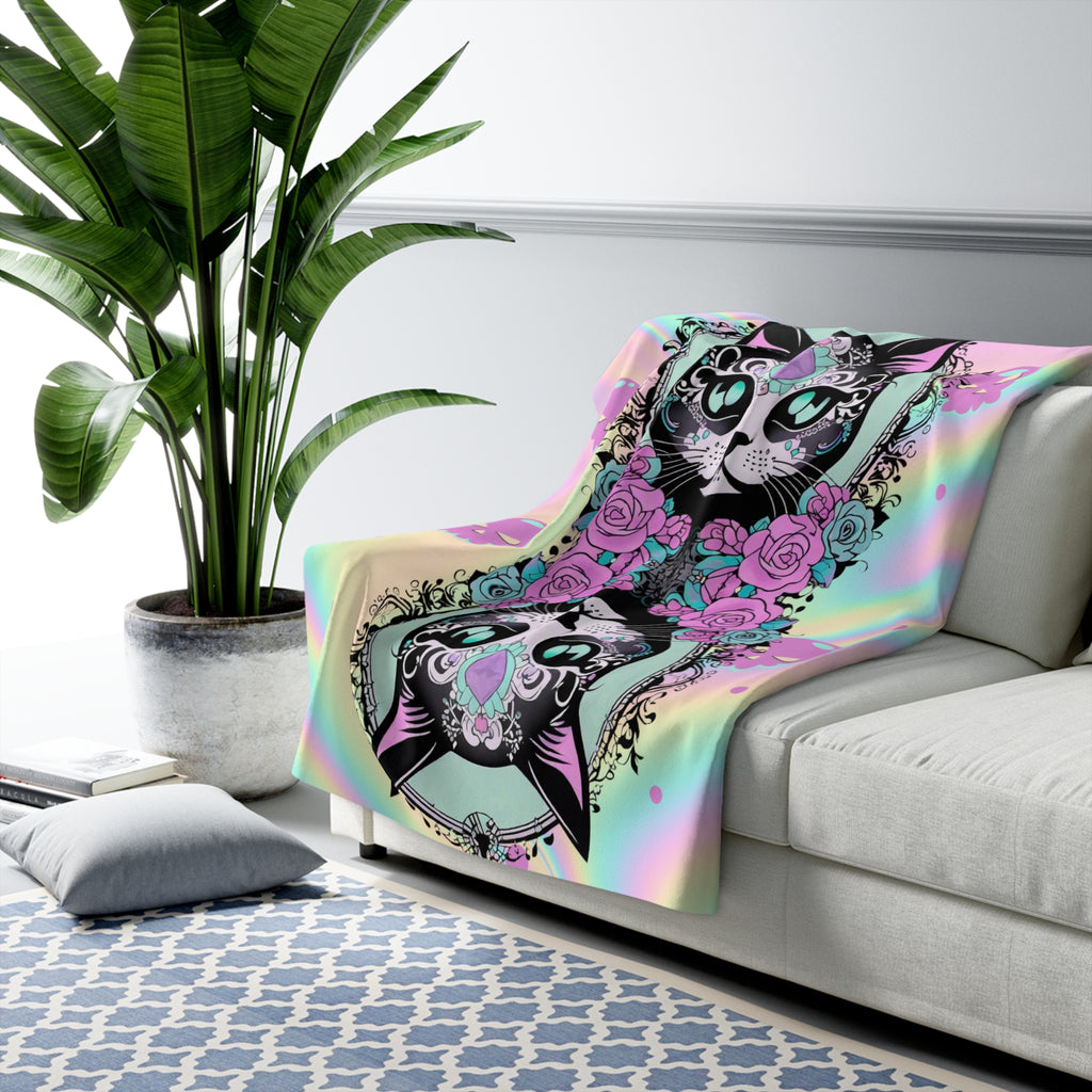 Pastel Goth Sugar Skull Cat Throw Blanket — Floral Gothic Home Decor
