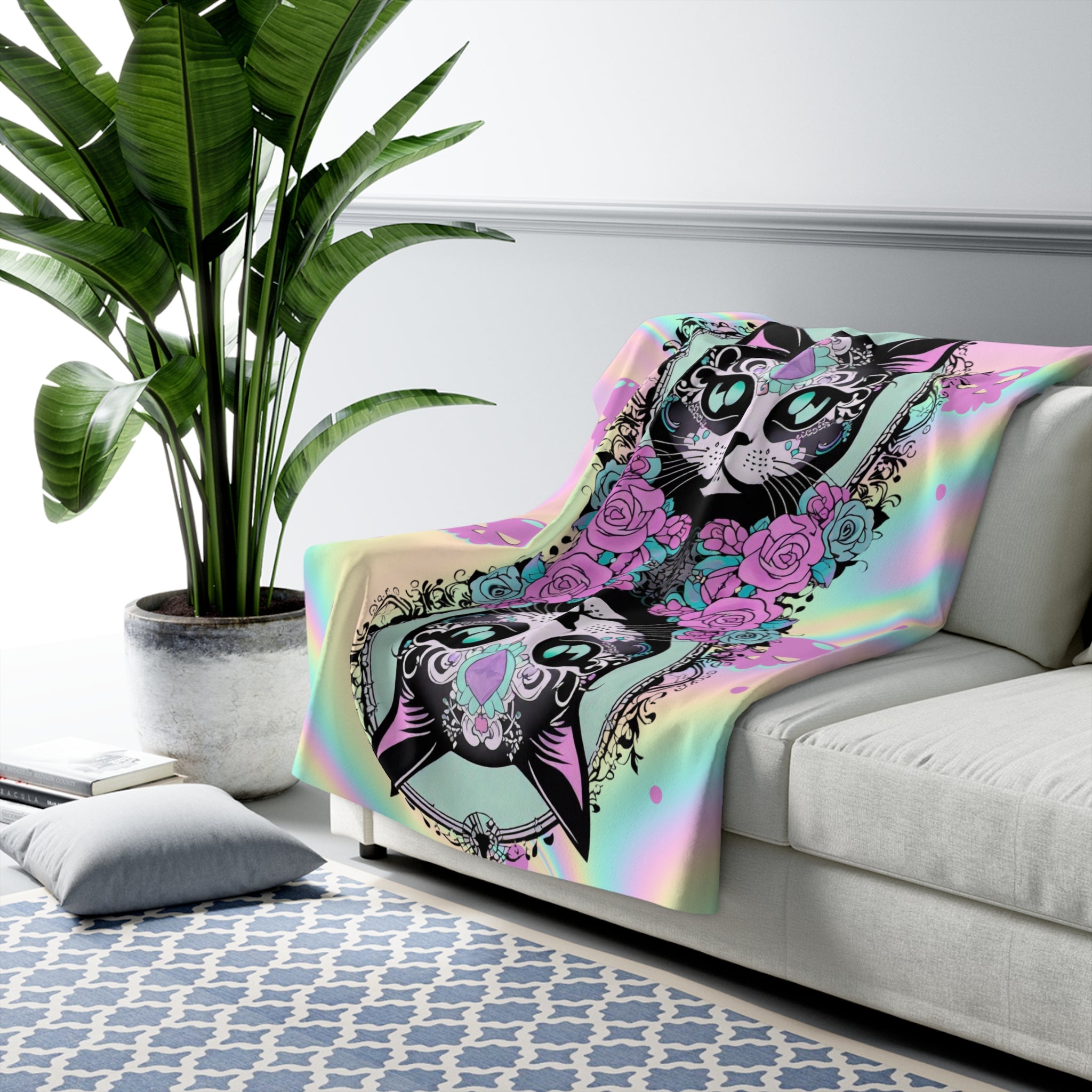 Pastel Goth Sugar Skull Cat Throw Blanket — Floral Gothic Home Decor