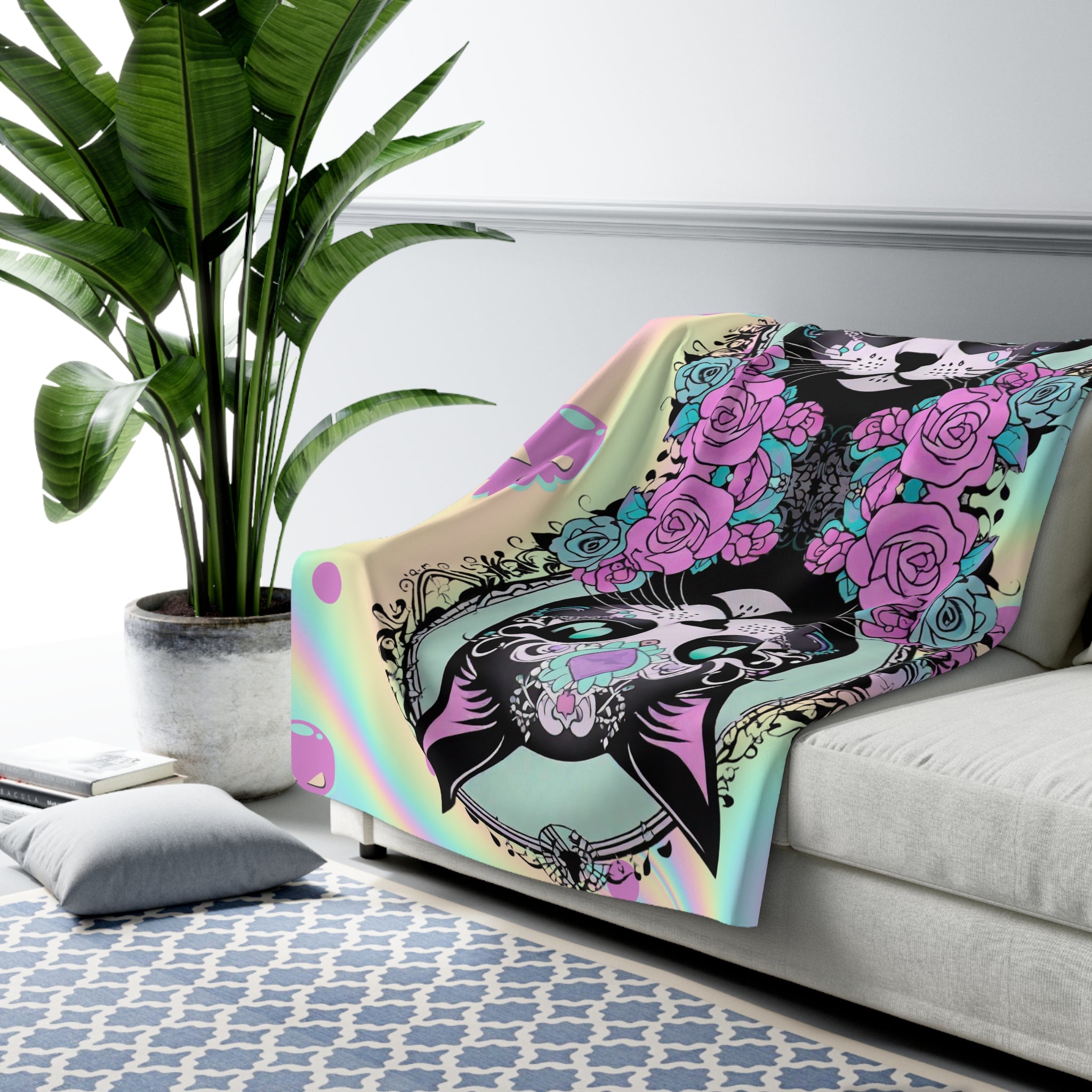 Pastel Goth Sugar Skull Cat Throw Blanket — Floral Gothic Home Decor