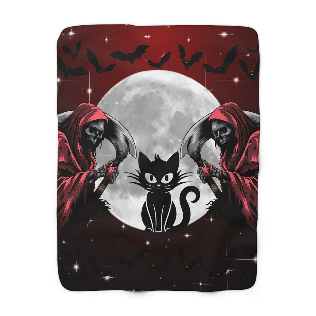 Gothic Black Cat Grim Reaper Throw Blanket — Moonlit Dark Home Decor