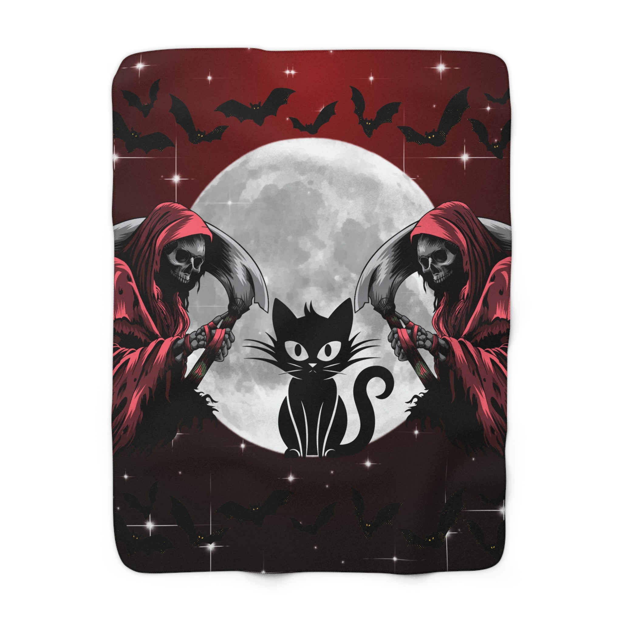 Gothic Black Cat Grim Reaper Throw Blanket — Moonlit Dark Home Decor