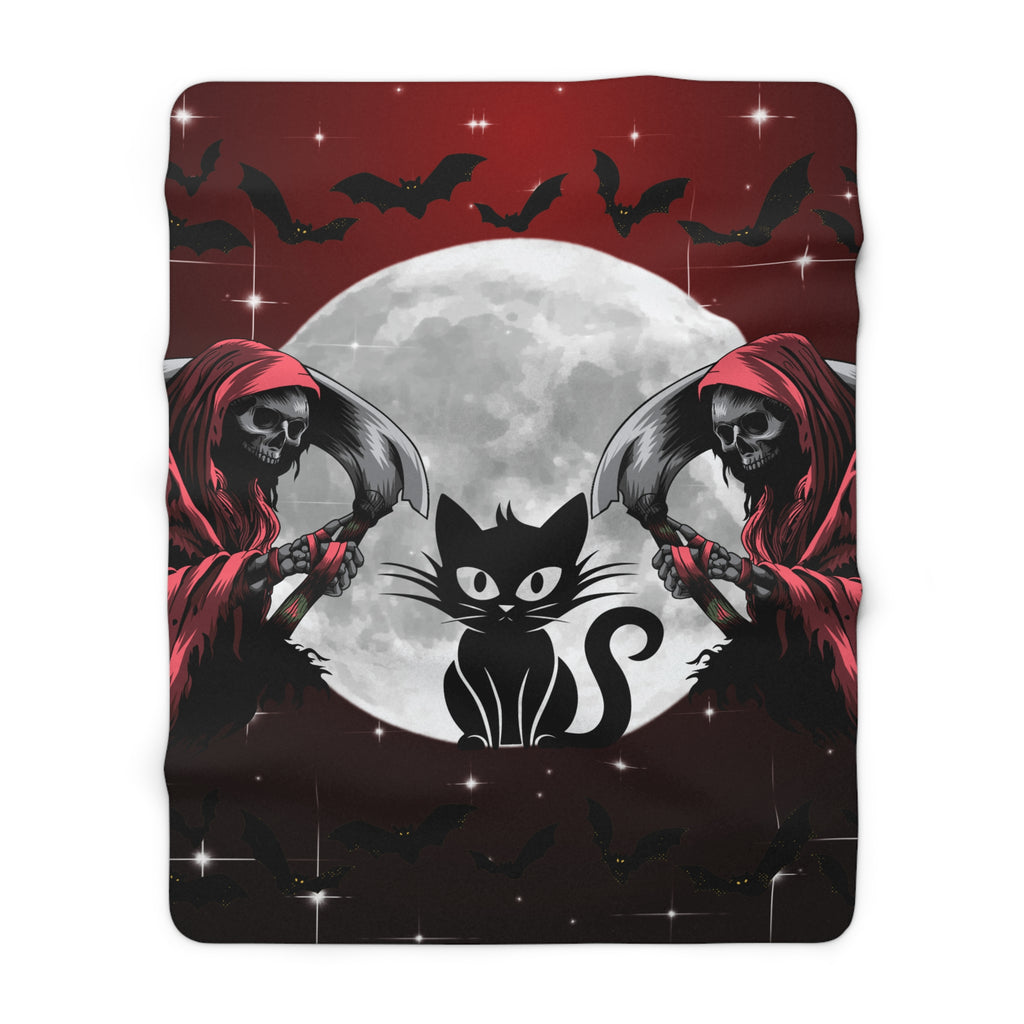 Gothic Black Cat Grim Reaper Throw Blanket — Moonlit Dark Home Decor