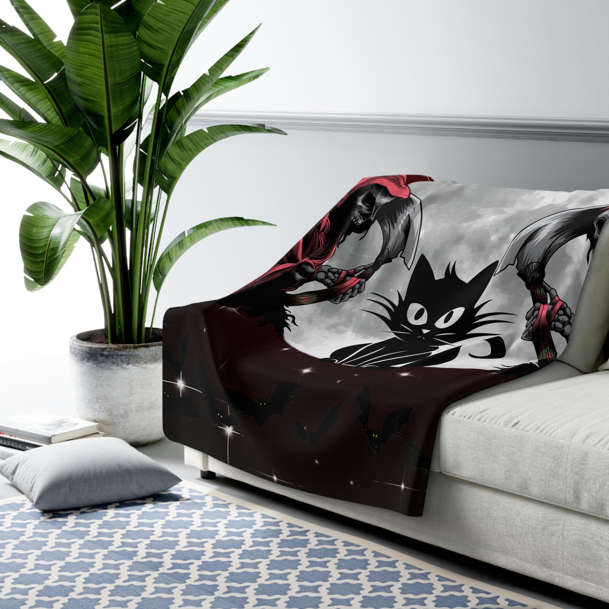 Gothic Black Cat Grim Reaper Throw Blanket — Moonlit Dark Home Decor