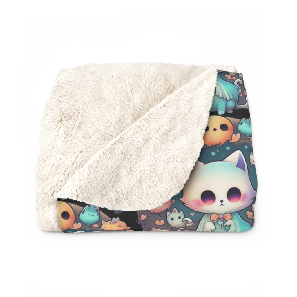 Creepy Cute Kawaii Cat Throw Blanket — Pastel Goth Ghost Dark Home Decor