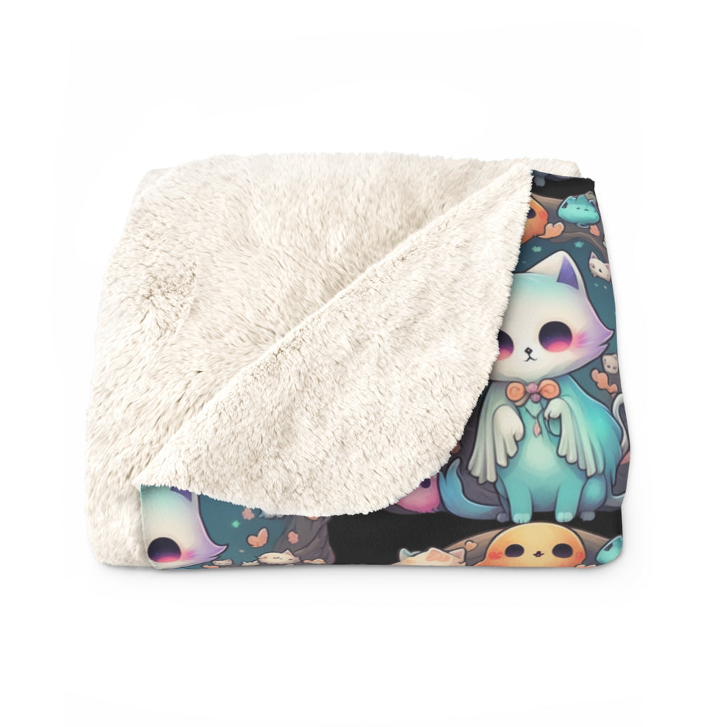 Creepy Cute Kawaii Cat Throw Blanket — Pastel Goth Ghost Dark Home Decor