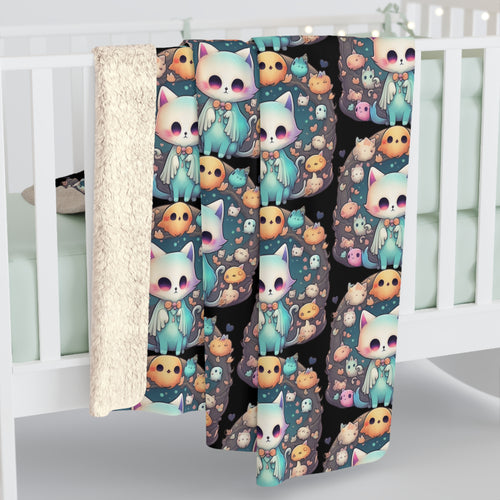 Throw blanket with repeating pattern of a wide-eyed white kawaii cat in a bow tie surrounded by teal winged spirits, round orange ghost creatures, tiny pale kittens, and scattered hearts and flowers inside dark teal vignettes on a black background, shown draped over white crib rail with sherpa back visible