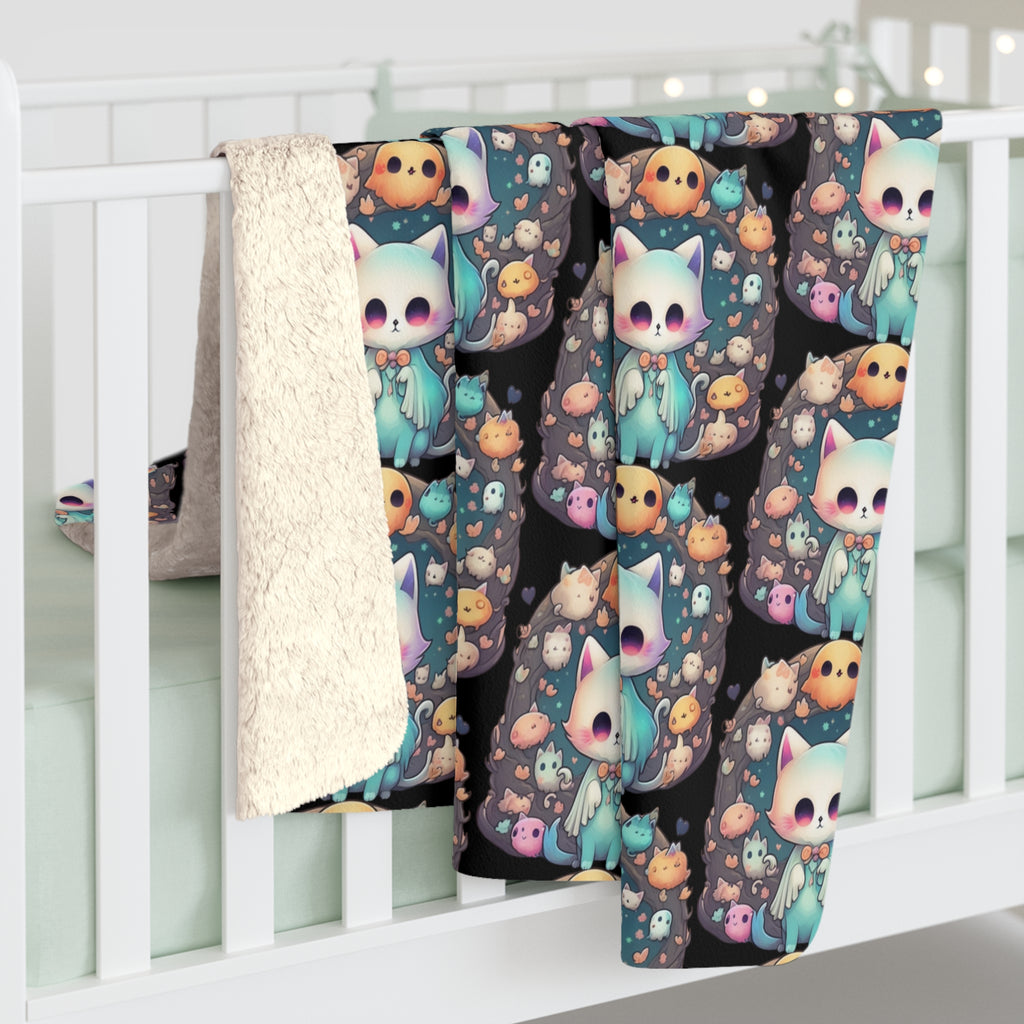 Creepy Cute Kawaii Cat Throw Blanket — Pastel Goth Ghost Dark Home Decor