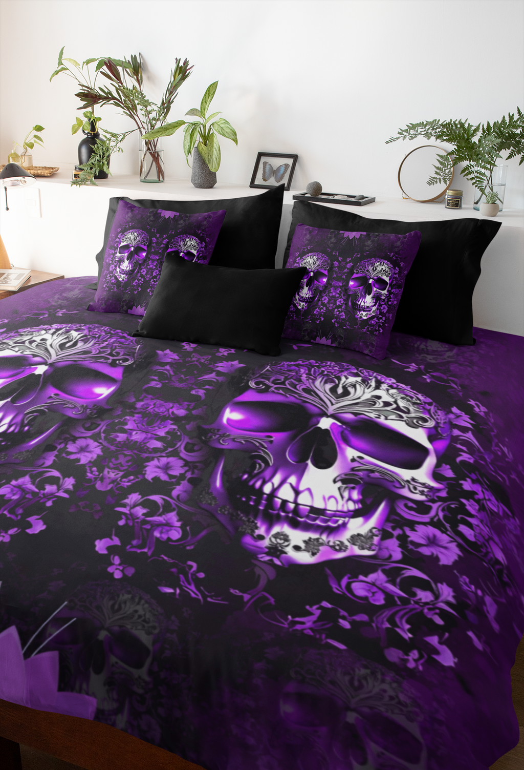 Purple Gothic Skull Throw Pillow — Damask Dark Home Decor