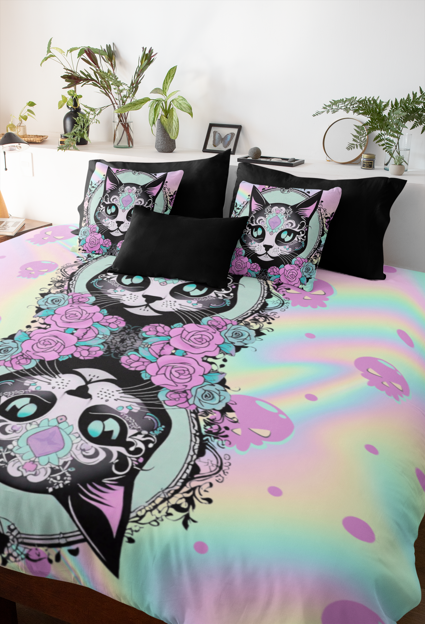 Pastel Goth Sugar Skull Cat Throw Pillow — Floral Gothic Home Decor